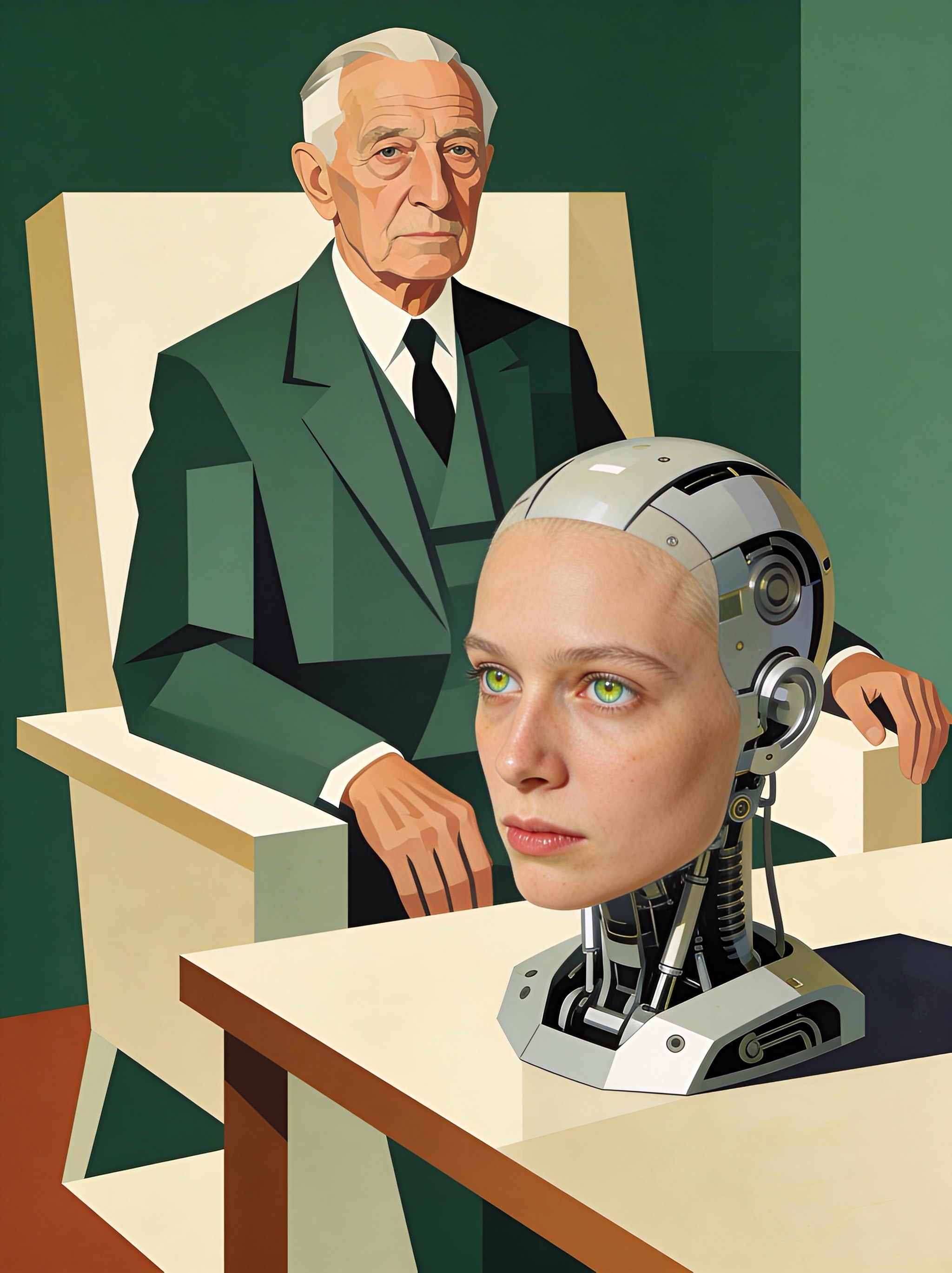 Minimalist 1930s style illustration of an elderly man sitting in a geometric armchair next to a photorealistic robotic head with synthetic skin on a table, against a solid forest green background.