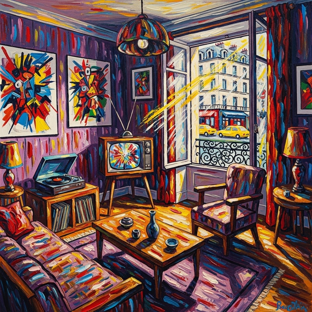 Vintage 1960s French living room interior featuring an intense, abstract color painting