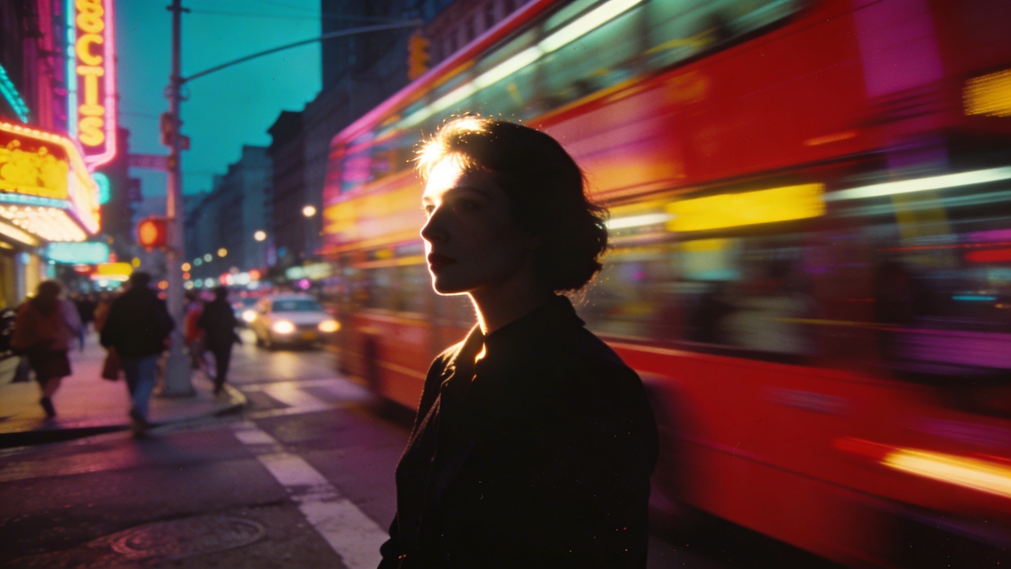 Portrait of a woman on a busy 1960s street corner at dusk, captured with flash and high-saturation color film.