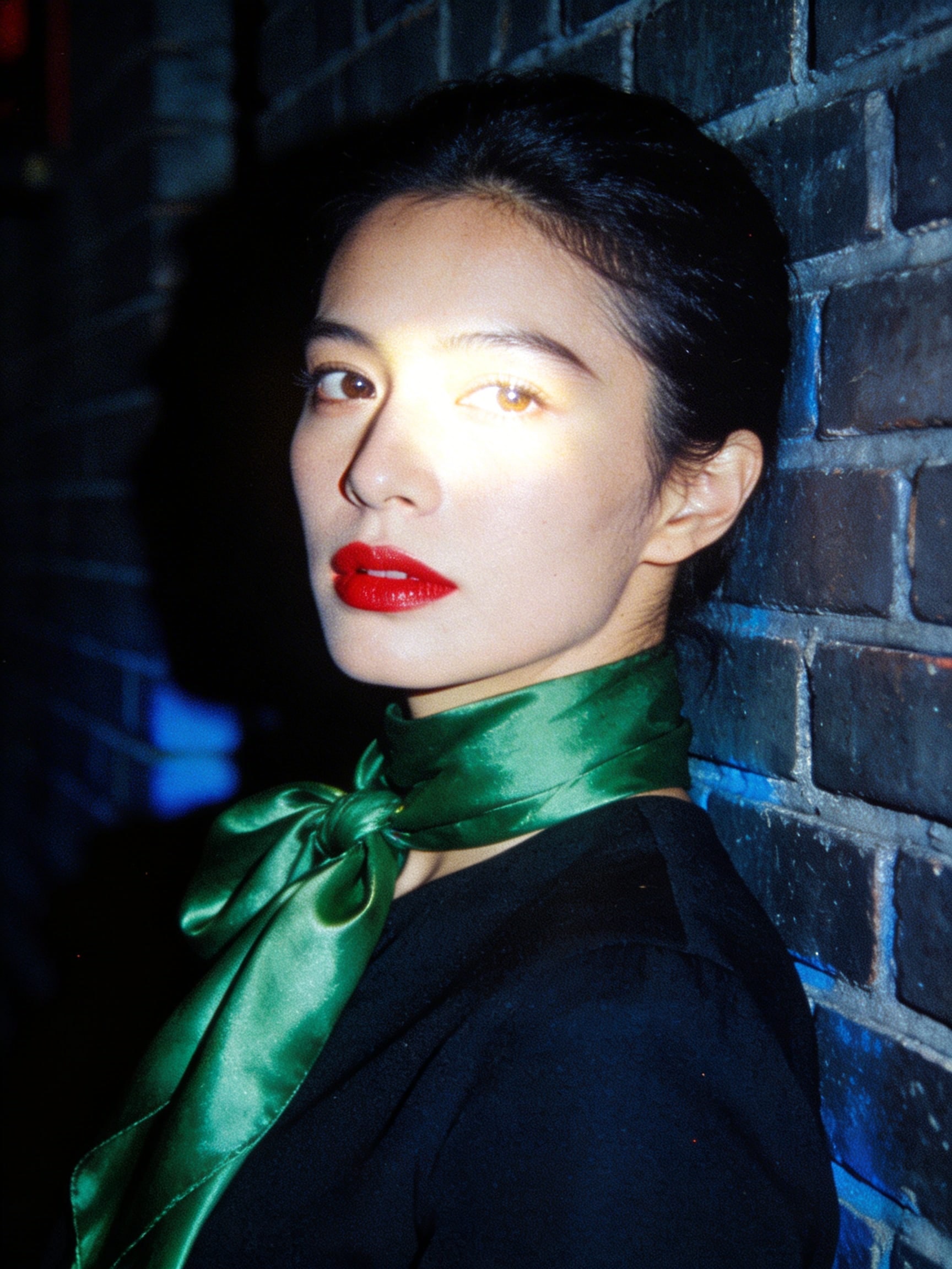 A woman with red lipstick and a green silk scarf leans against a dark brick wall in a grainy, high-contrast 1970s film portrait.