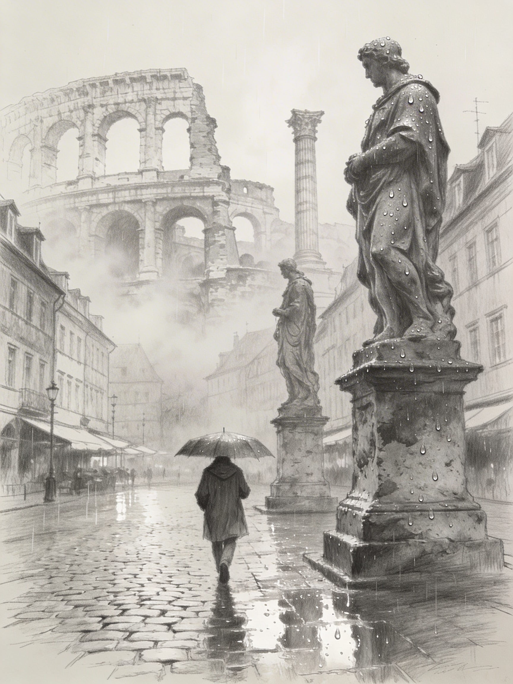 Textured graphite drawing of a rainy Aalen market square with a figure walking past wet statues and implied Roman ruins