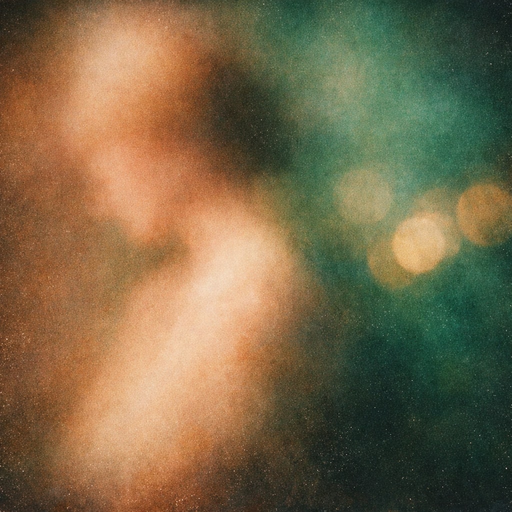 Abstract fine art portrait of a soft, blurred human figure in warm peach and deep emerald tones with film grain