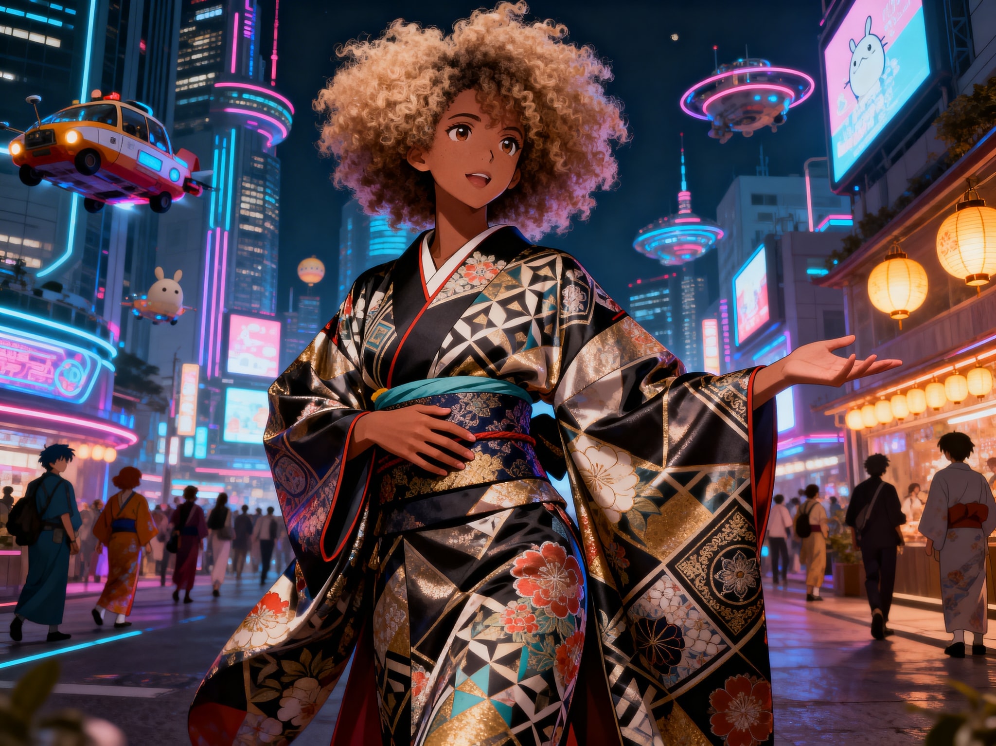 A super realistic portrait of an Afro fashion model wearing a detailed pattern kimono with wild light hair in Neo-Tokyo.