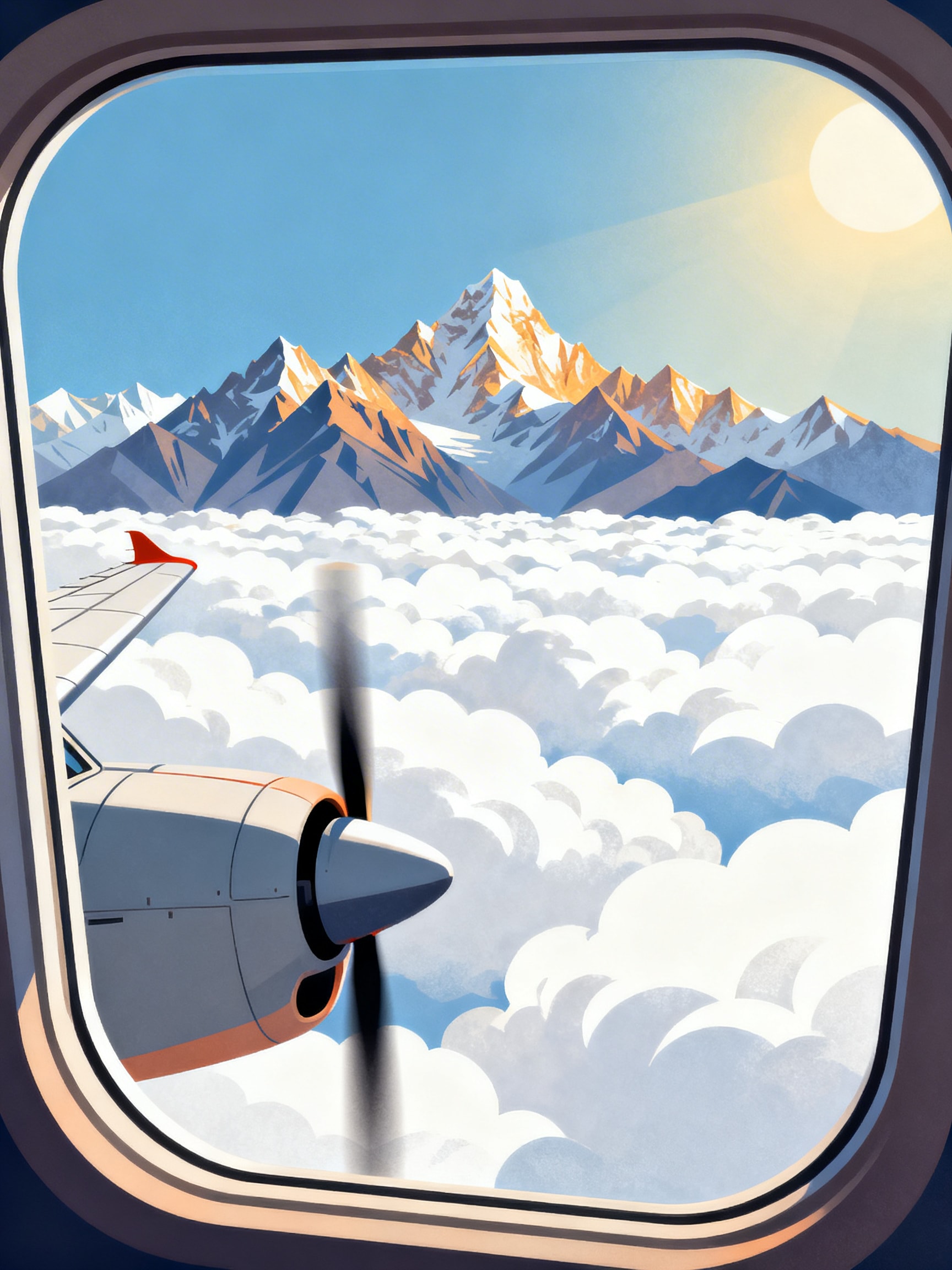 Illustration of a snow-capped mountain range viewed from an airplane window over a sea of clouds.