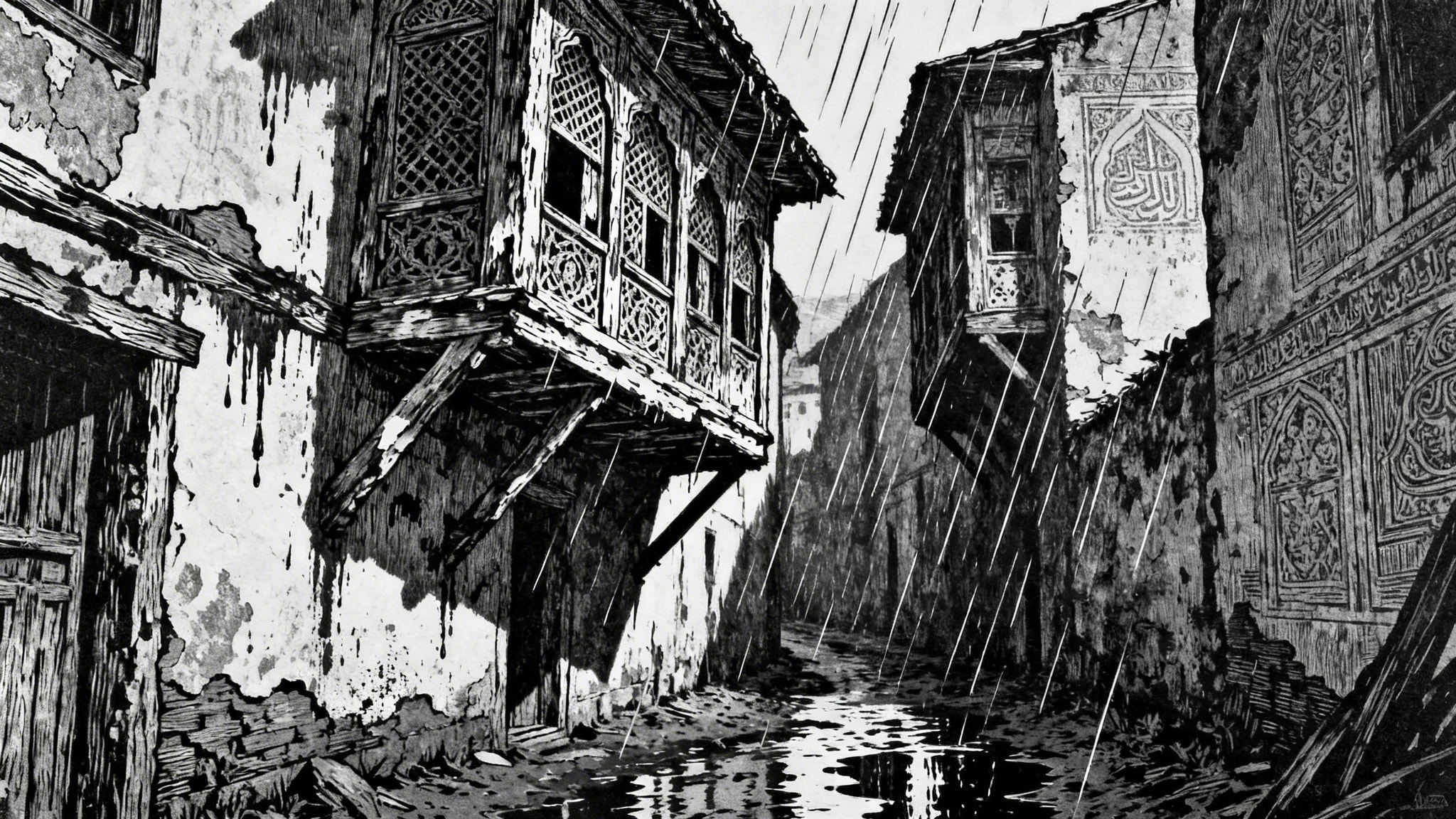 Woodcut-style illustration of ornate, deteriorating wooden roshan balconies in Al-Balad's narrow alleyways during rain.
