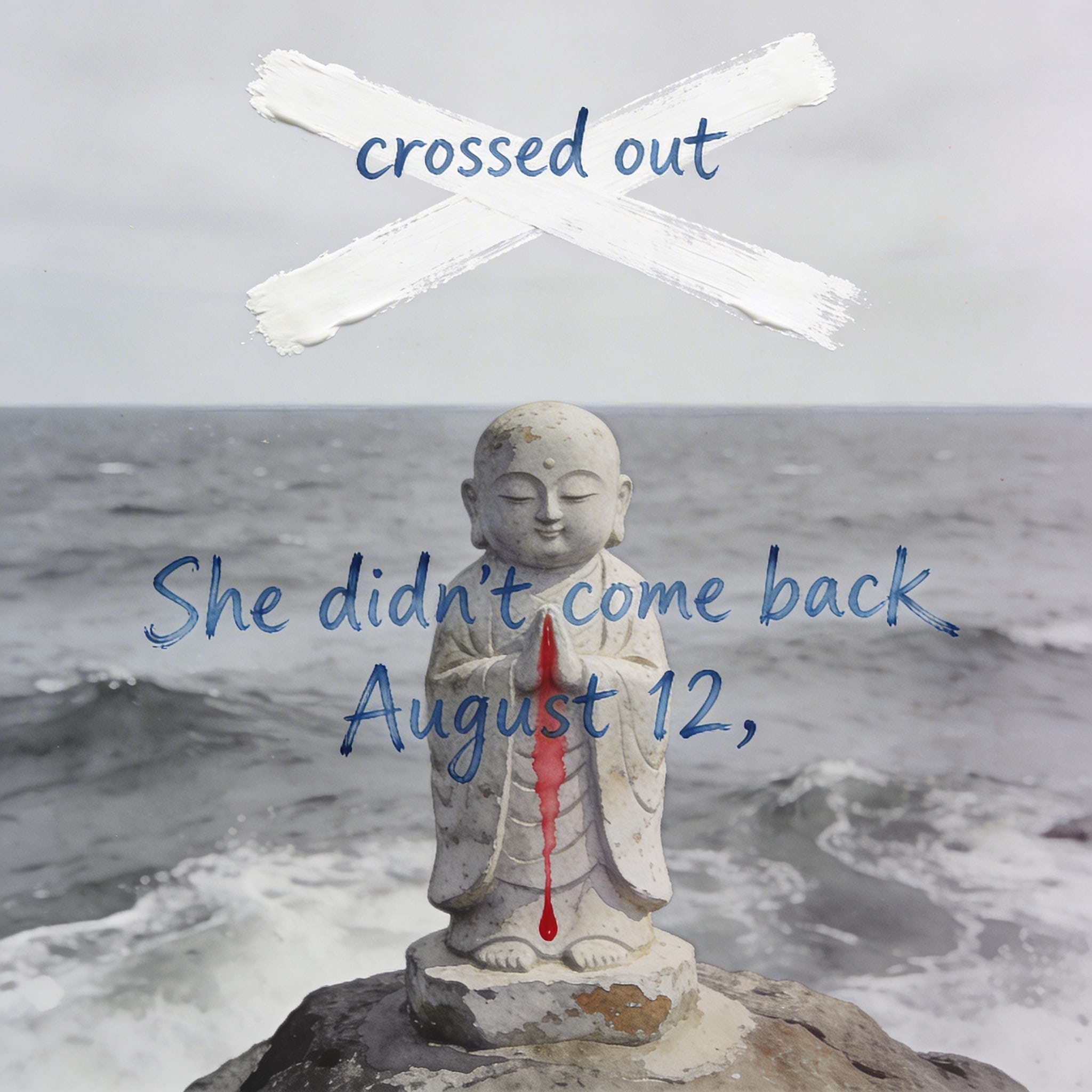 A vintage-style square photo of a weathered stone Jizo statue overlooking the Sea of Japan, with the horizon crossed out in white paint and handwritten notes.