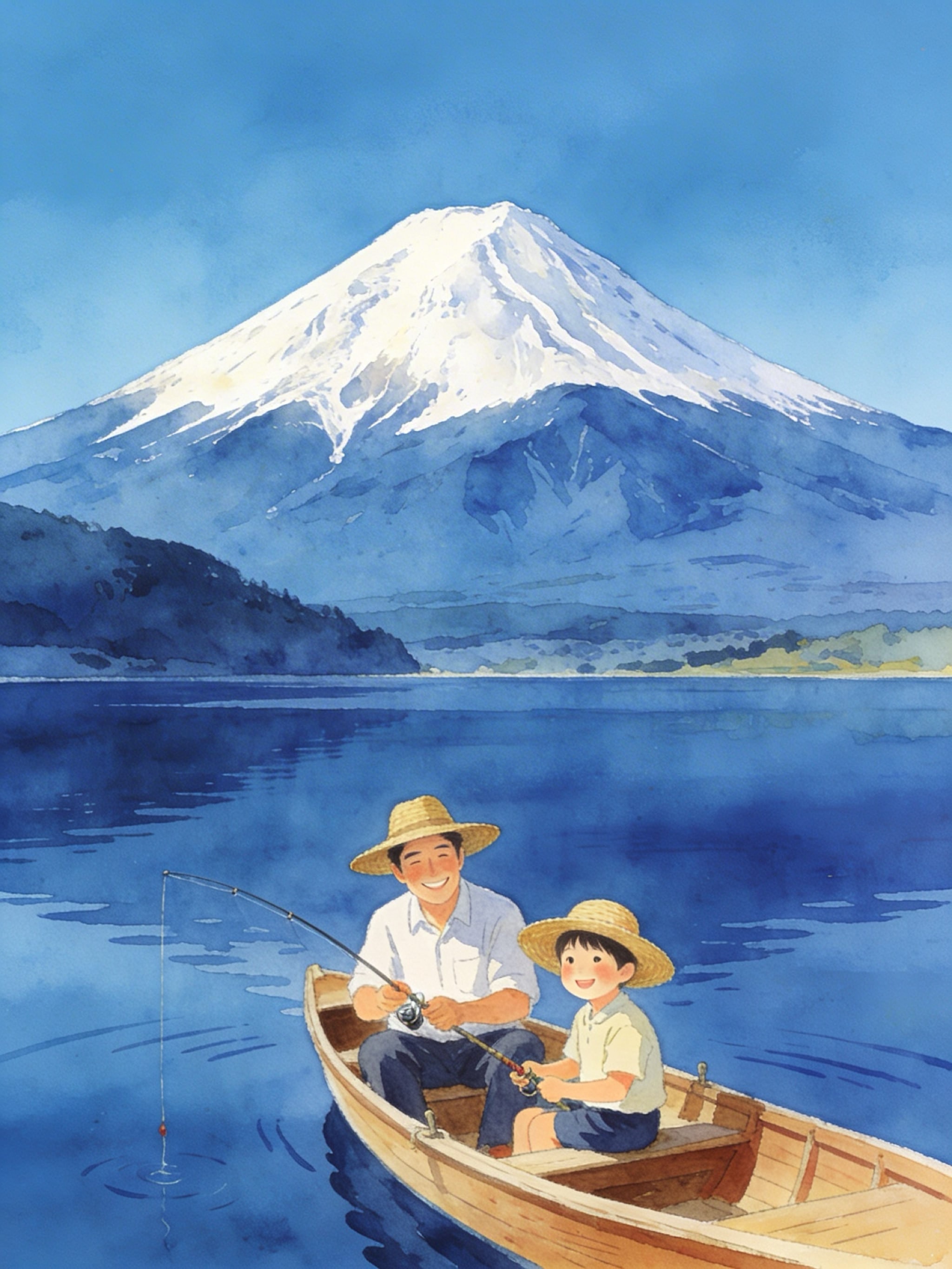 1950s Americana-style gouache painting of Mount Fuji over a lake with a father and son fishing in a rowboat