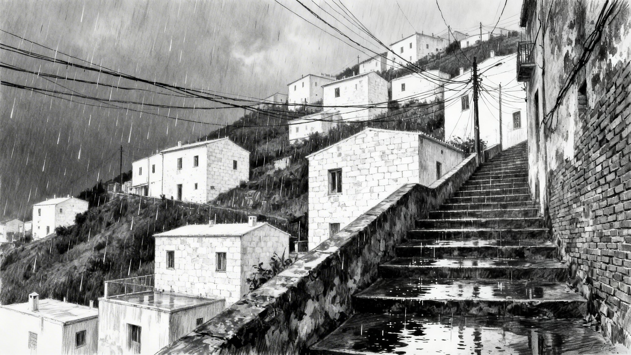 Textured graphite pencil drawing of a steep staircase looking up in downtown Amman, featuring dense white stone houses and tangled electrical wires in the rain