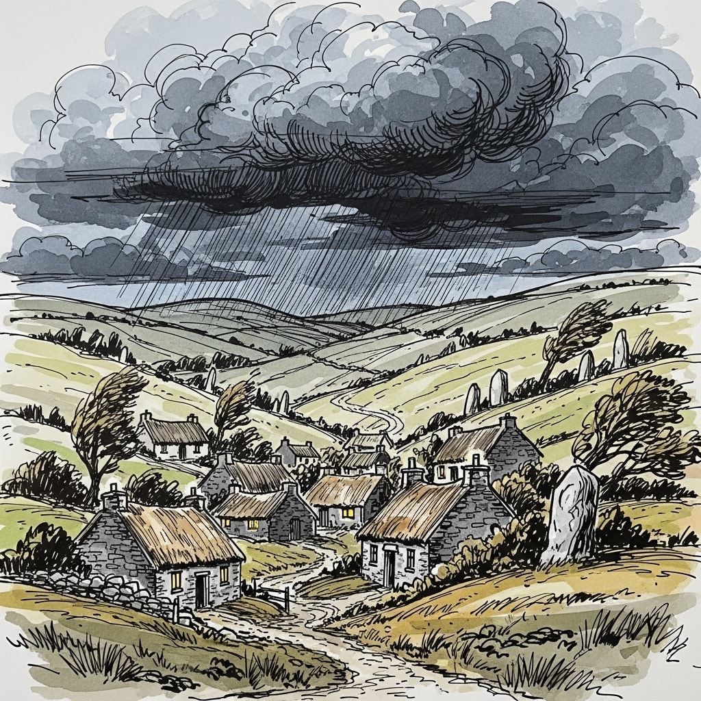 Loose ink and wash drawing of an ancient Irish village in stormy hills