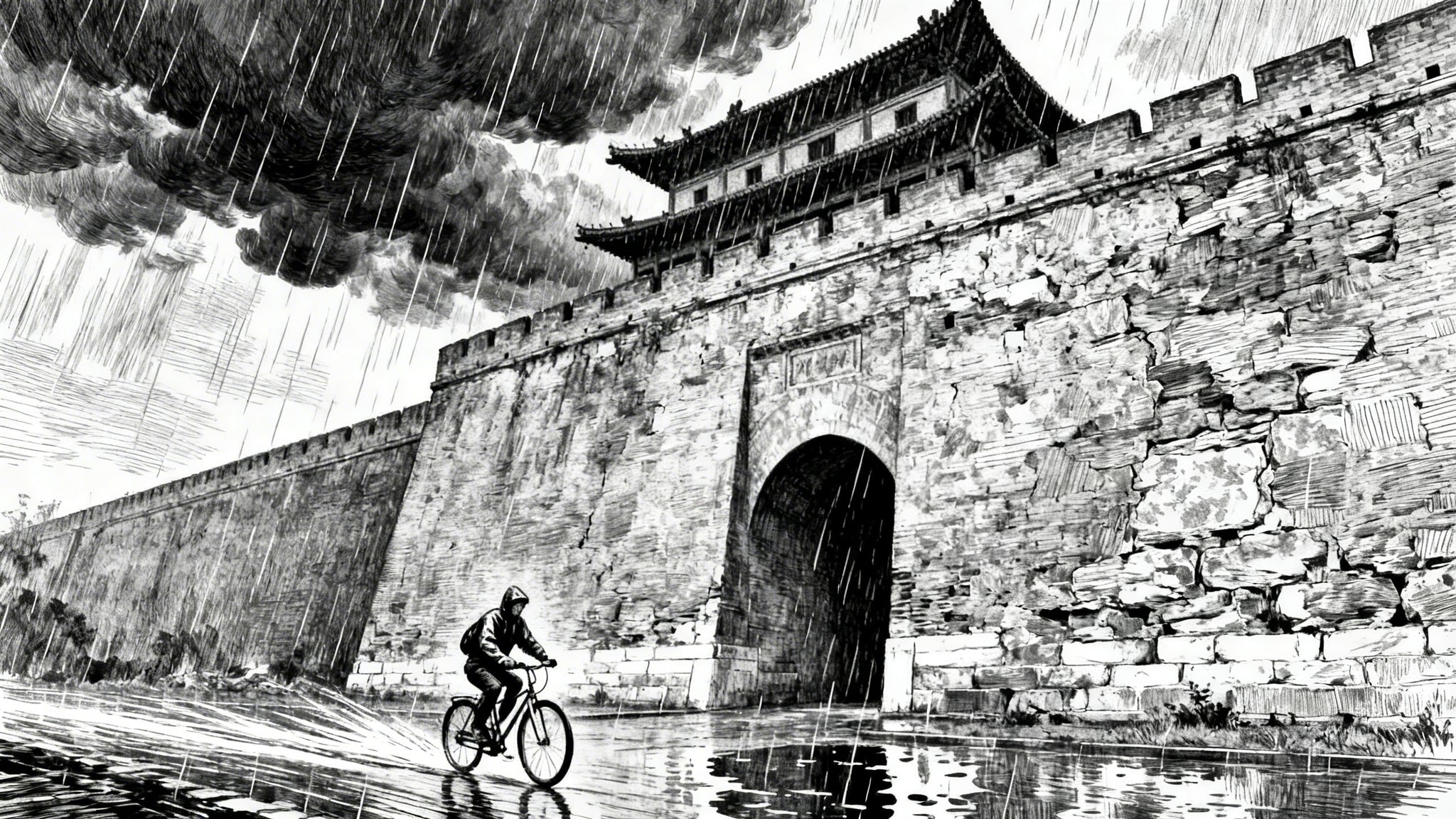 Expressive crosshatch pen drawing of ancient Xian city walls in heavy rain with a cyclist