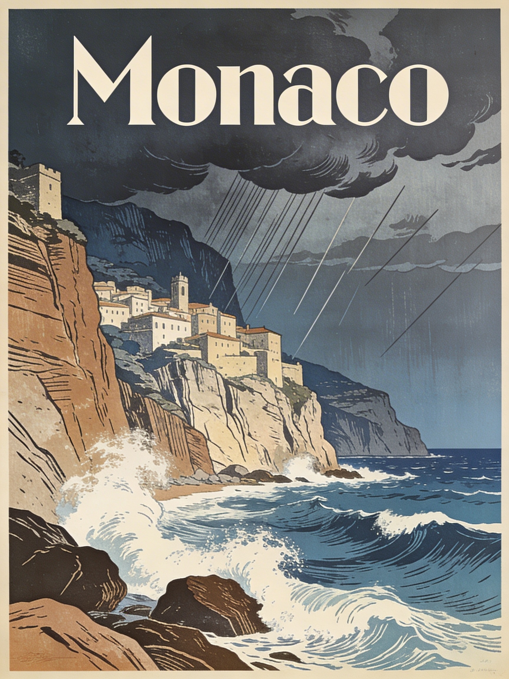 Art Deco style travel poster of a stormy Monaco cliffside with rough seas