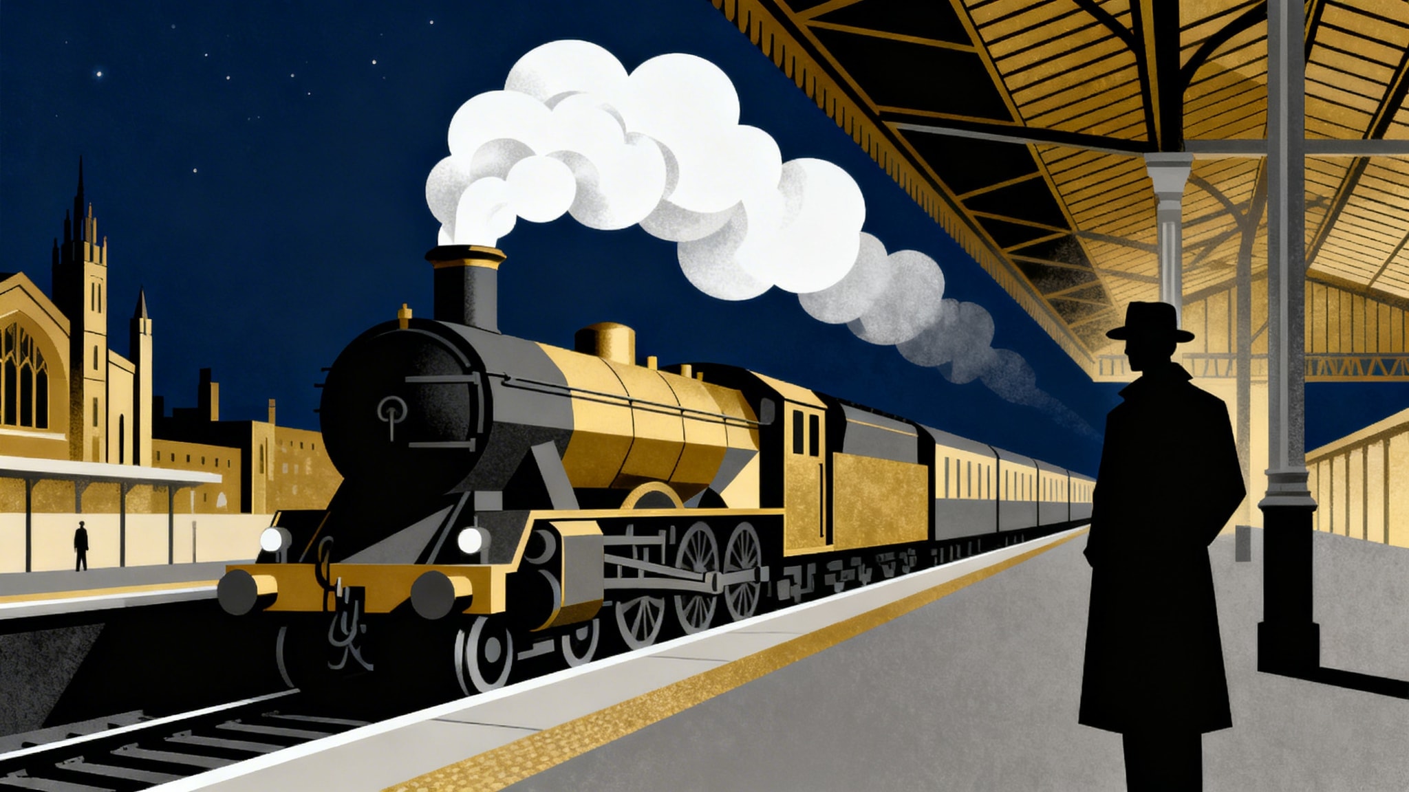 Geometric Art Deco poster of London Victoria Station at night with a steam train and silhouette traveler