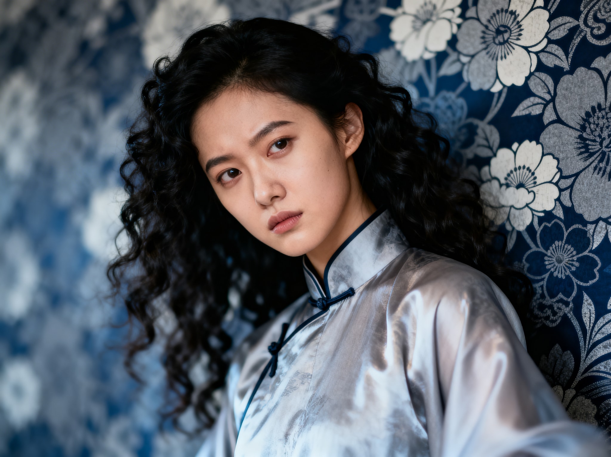 Photo-realistic portrait of a young Asian woman with a cool expression, curly black hair, and traditional Chinese clothes against a Japanese pattern background