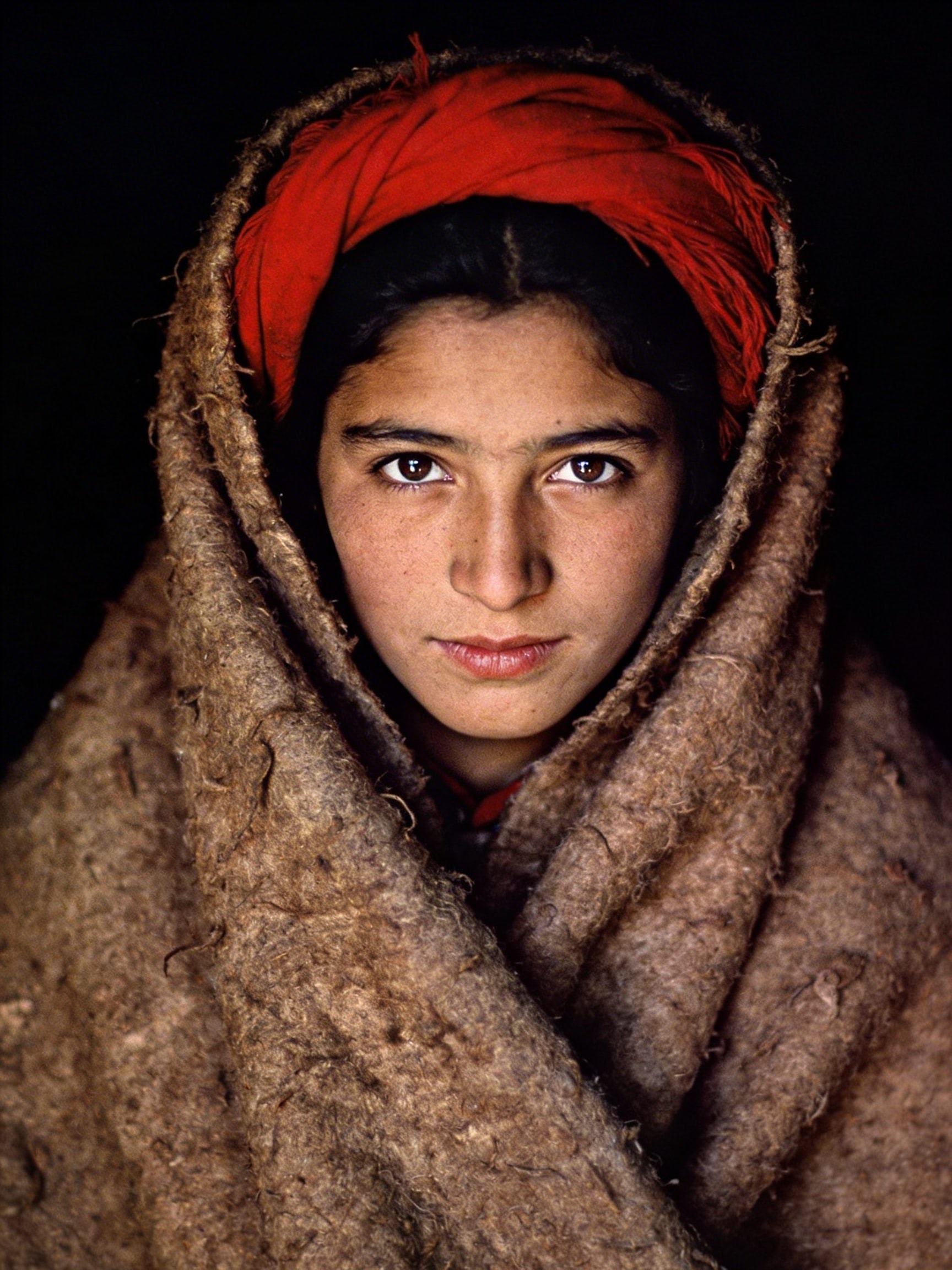 Portrait of a woman in a weathered wool cloak and red headscarf with intense eyes, captured with direct flash and film grain.
