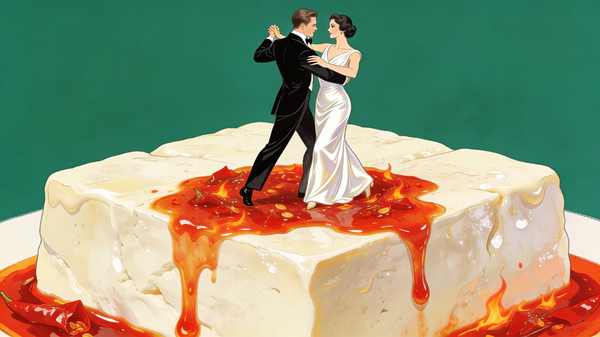 Vintage-style illustration of a couple dancing on a block of spicy tofu with chili oil.