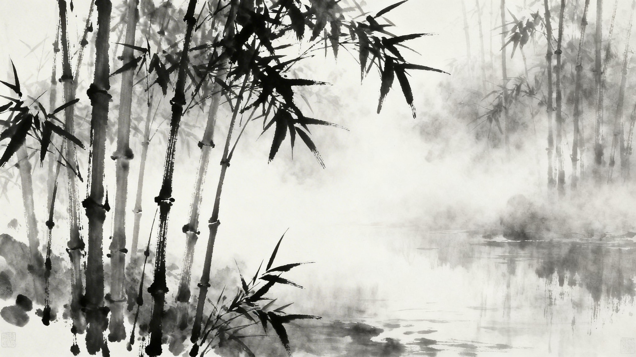 Atmospheric ink wash illustration of a dense bamboo forest in mist