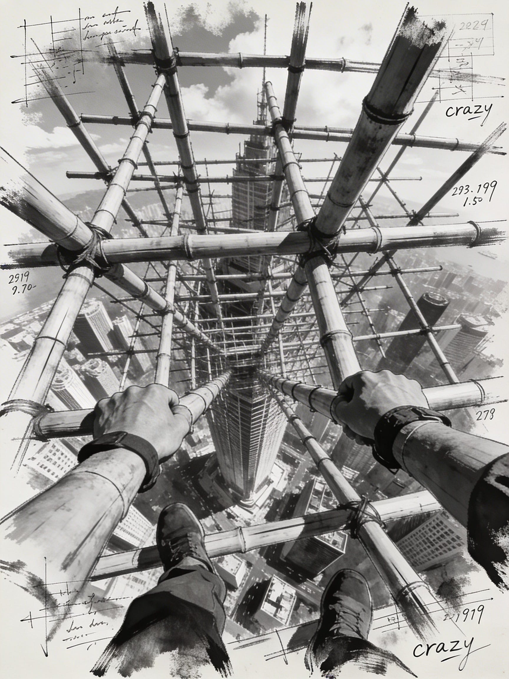 Black and white movie poster view looking down from bamboo scaffolding on a skyscraper over a chaotic city, with detailed hands and charcoal sketch margins.