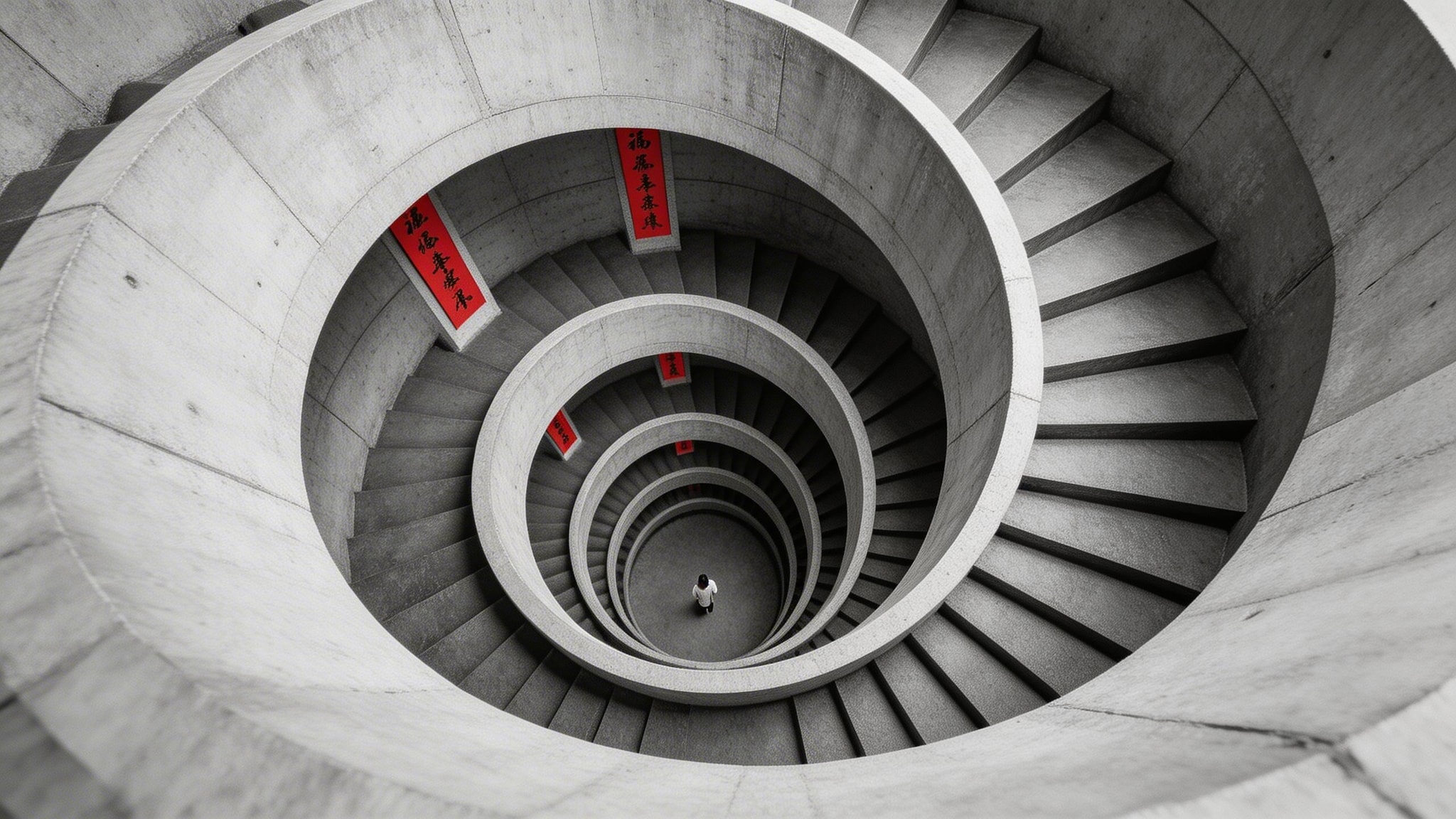 Black and white photo of a brutalist concrete spiral stairwell in Beijing, with red Chinese New Year scrolls on each landing and a small figure below.