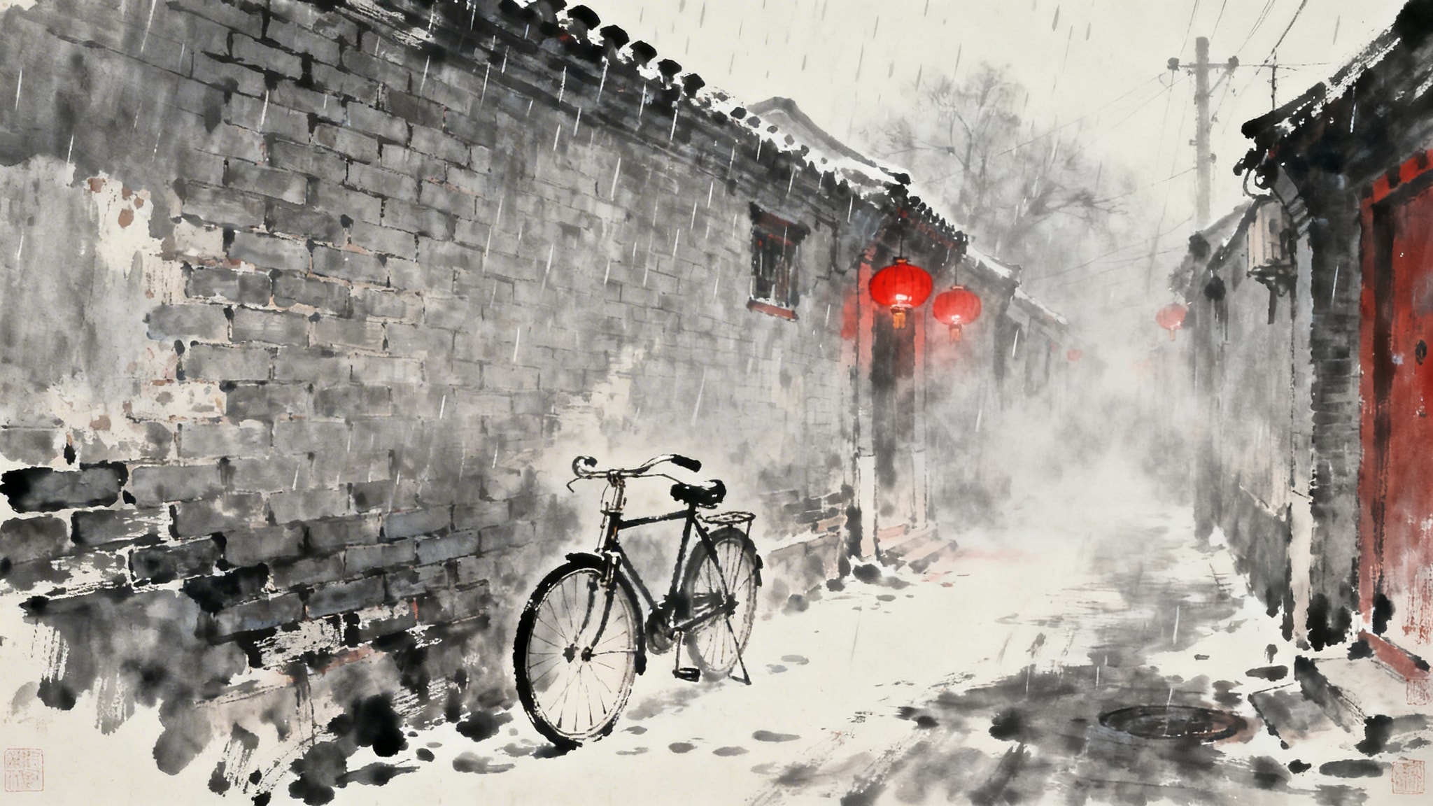 Ink and wash drawing of a narrow Beijing hutong alley with a bicycle and glowing red lanterns in the mist