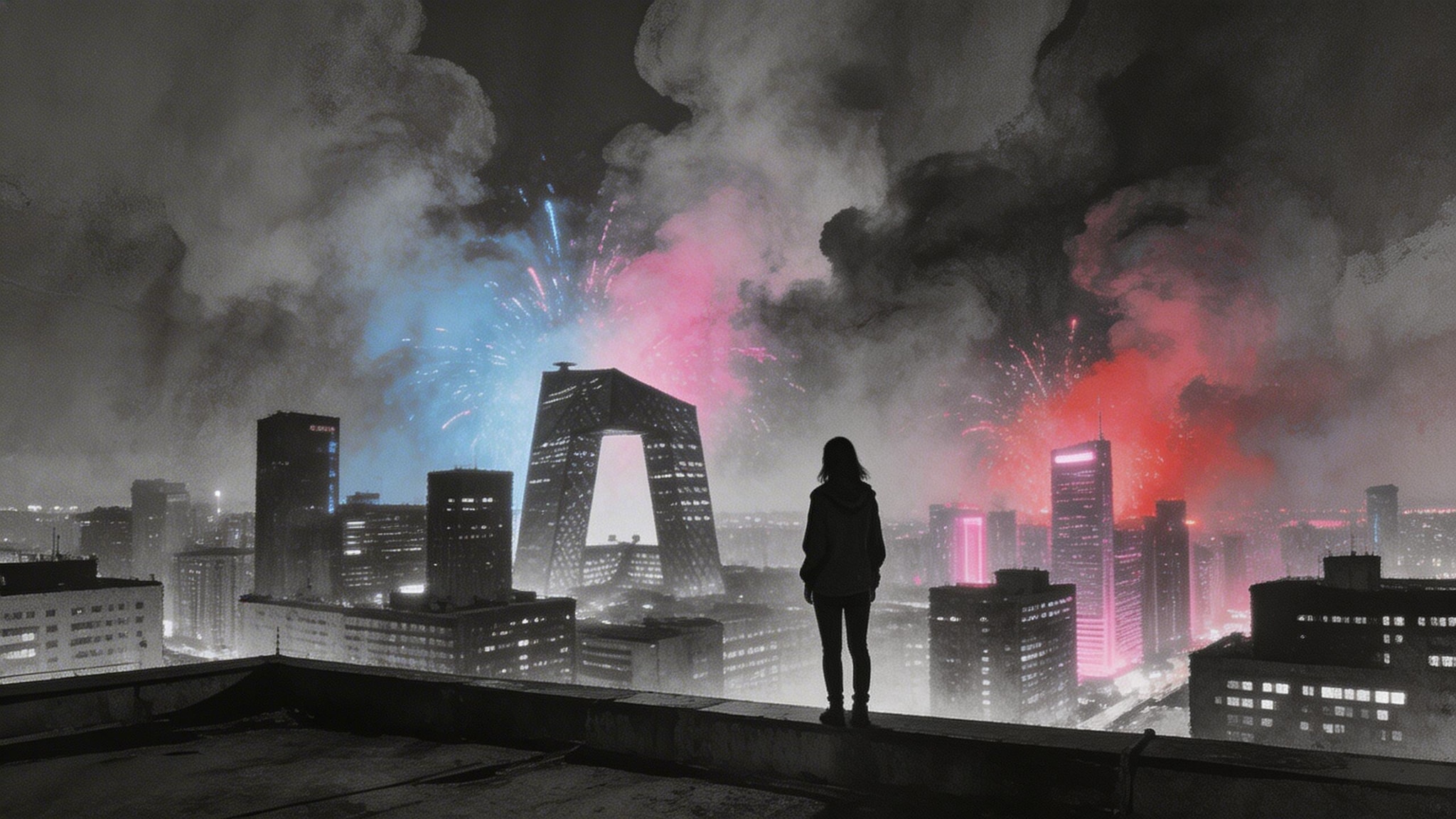 Black and white night photo of a woman on a Beijing rooftop with watercolor smog and neon bursts