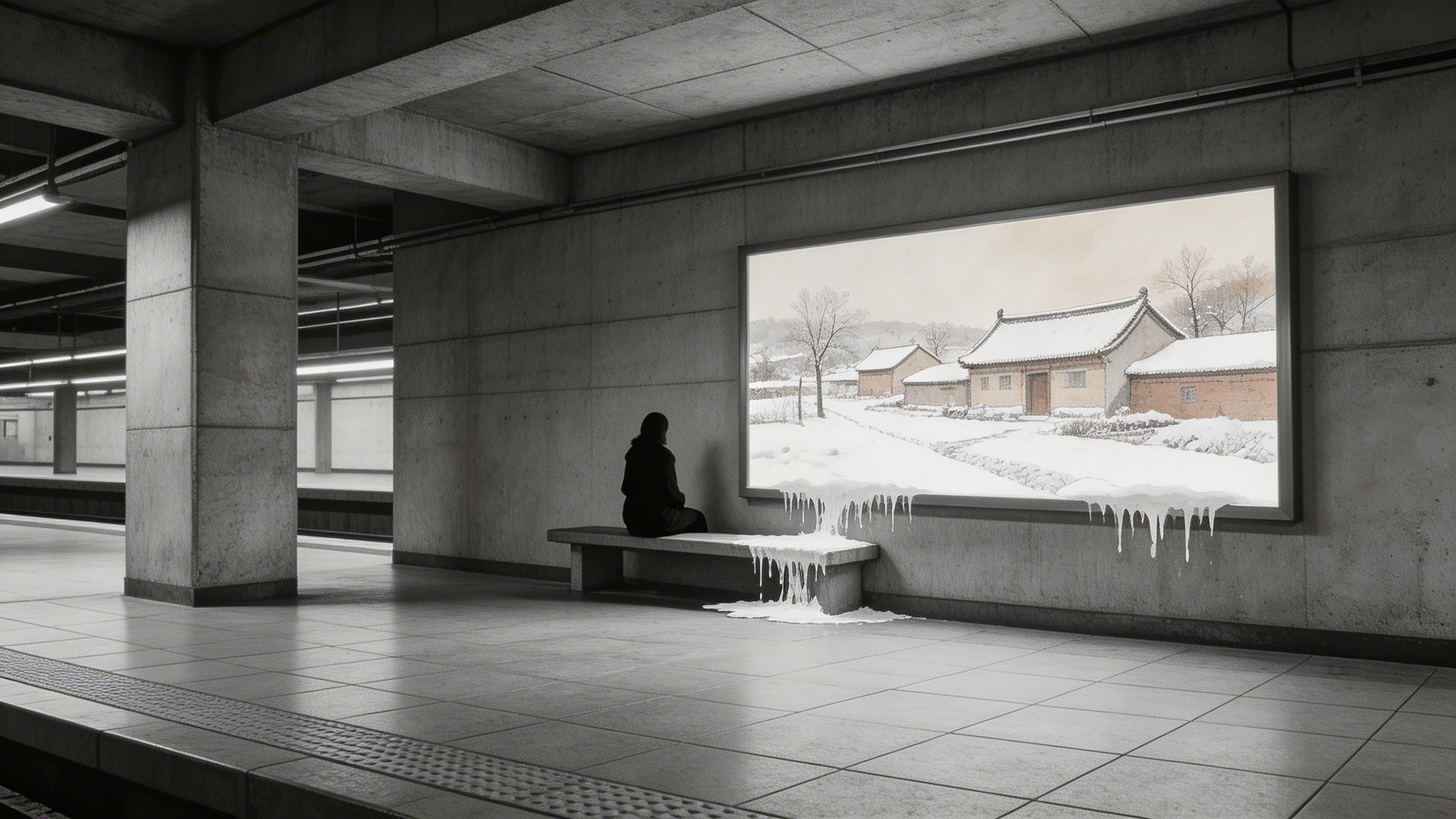 Black and white photo of a brutalist Beijing subway station with a silhouette of a woman on a bench and a nostalgic watercolor village advertisement leaking onto the floor