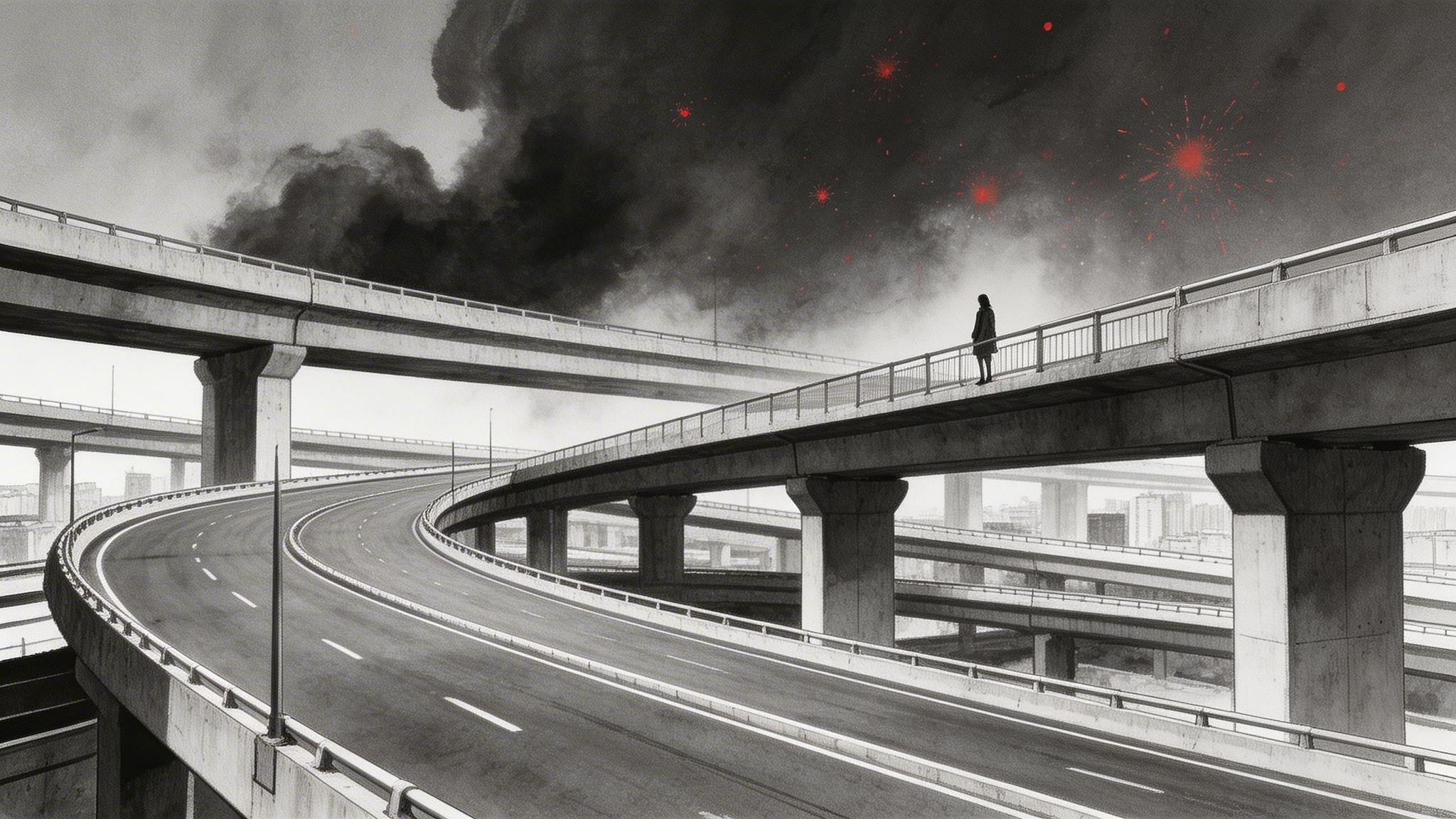 Black and white minimalist photo of Beijing's empty Third Ring Road during Chinese New Year, with a lone woman on a pedestrian bridge under an ink-wash sky with red sparks.