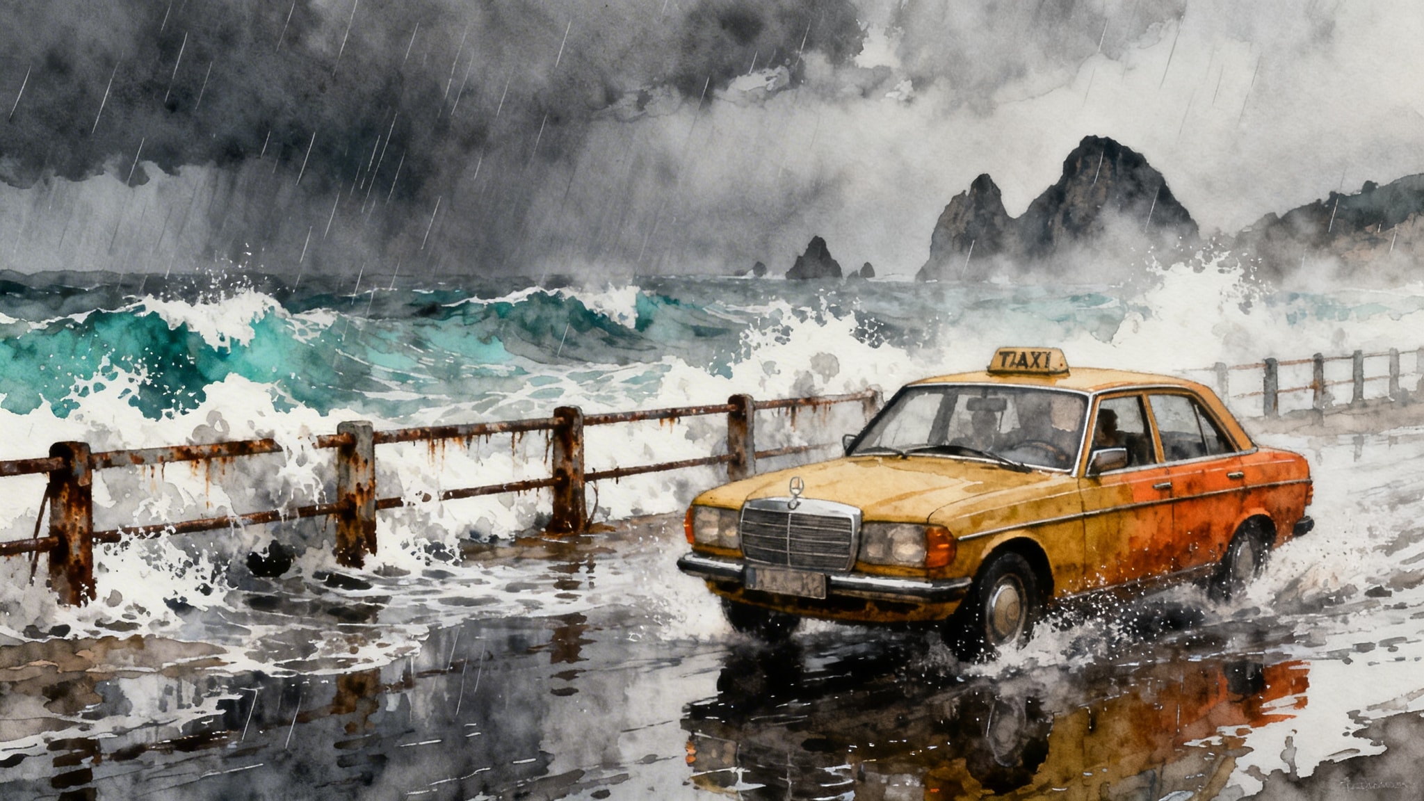 Expressive gouache painting of a stormy Beirut seaside with crashing waves and a vintage taxi.