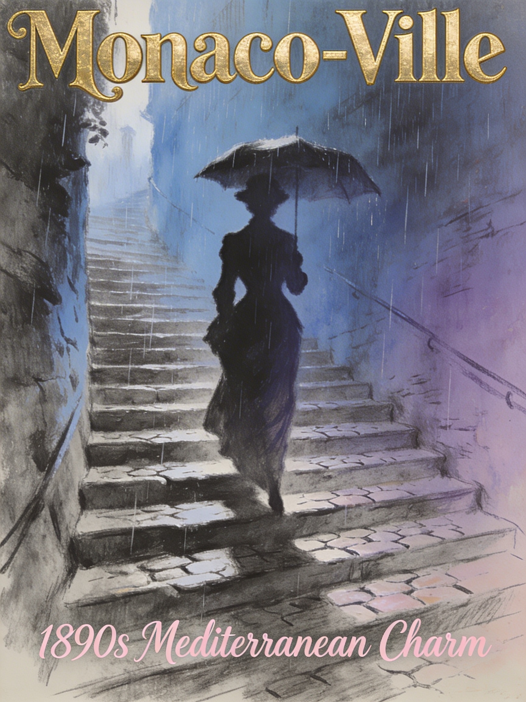 Antique-style charcoal and pastel illustration of a silhouette with an umbrella on rainy Mediterranean stairs in Monaco-Ville