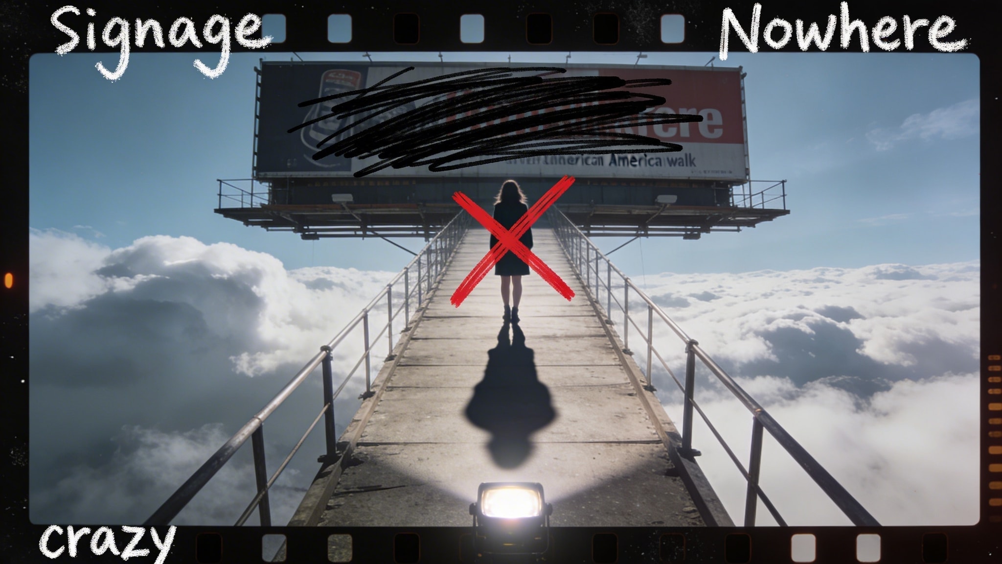 Low-angle Kodachrome photo of a woman on a billboard catwalk, her shadow cast on clouds, with Sharpie graffiti over the ad and her silhouette.
