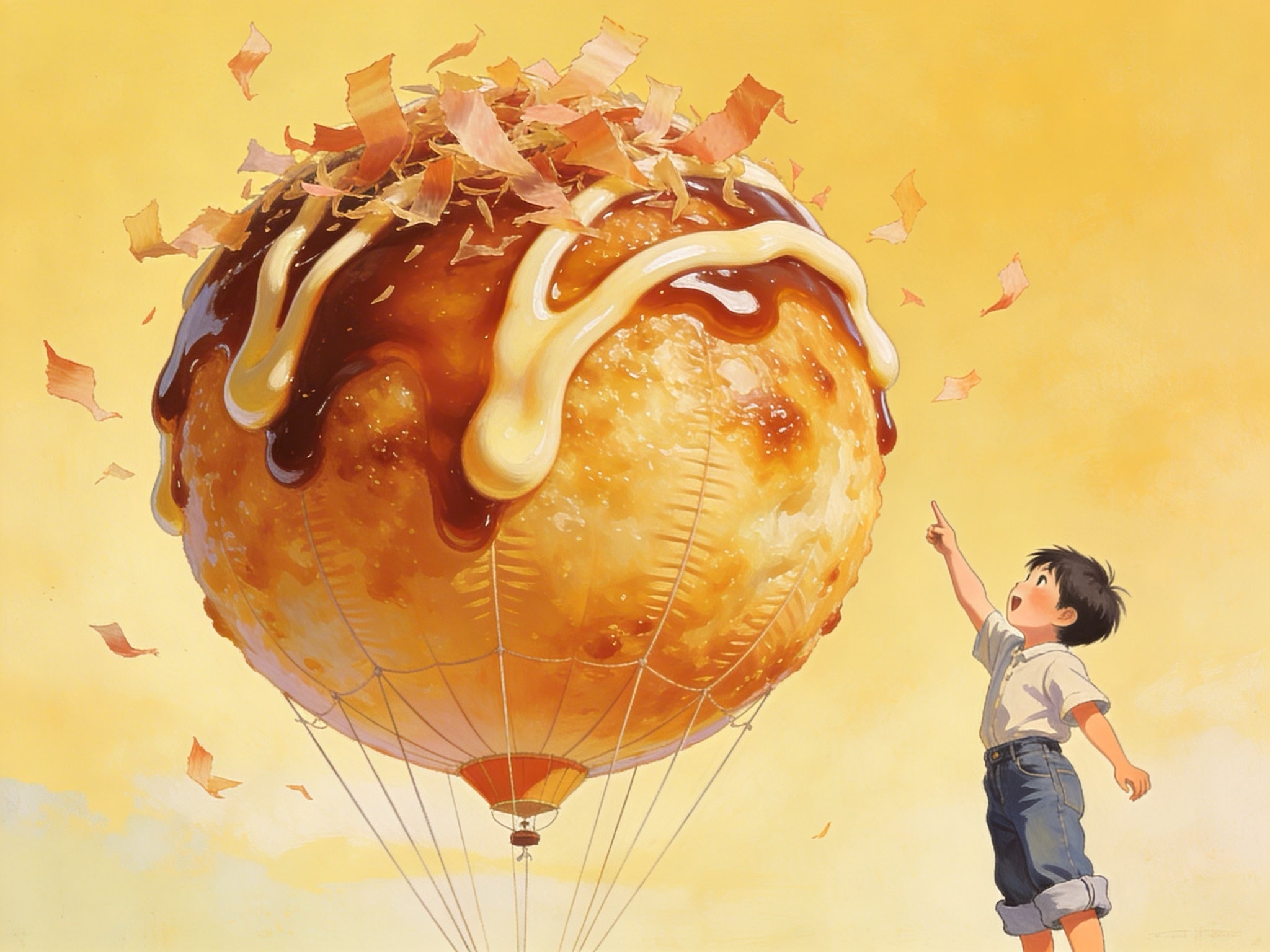 A 1950s-style illustration of a Japanese boy pointing at giant floating takoyaki in a pastel sky