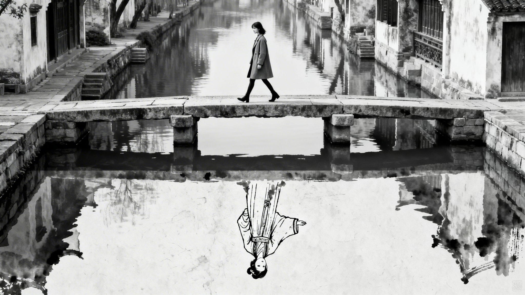 Black and white surrealist image of a woman on a bridge with an illustrated reflection in traditional Hanfu