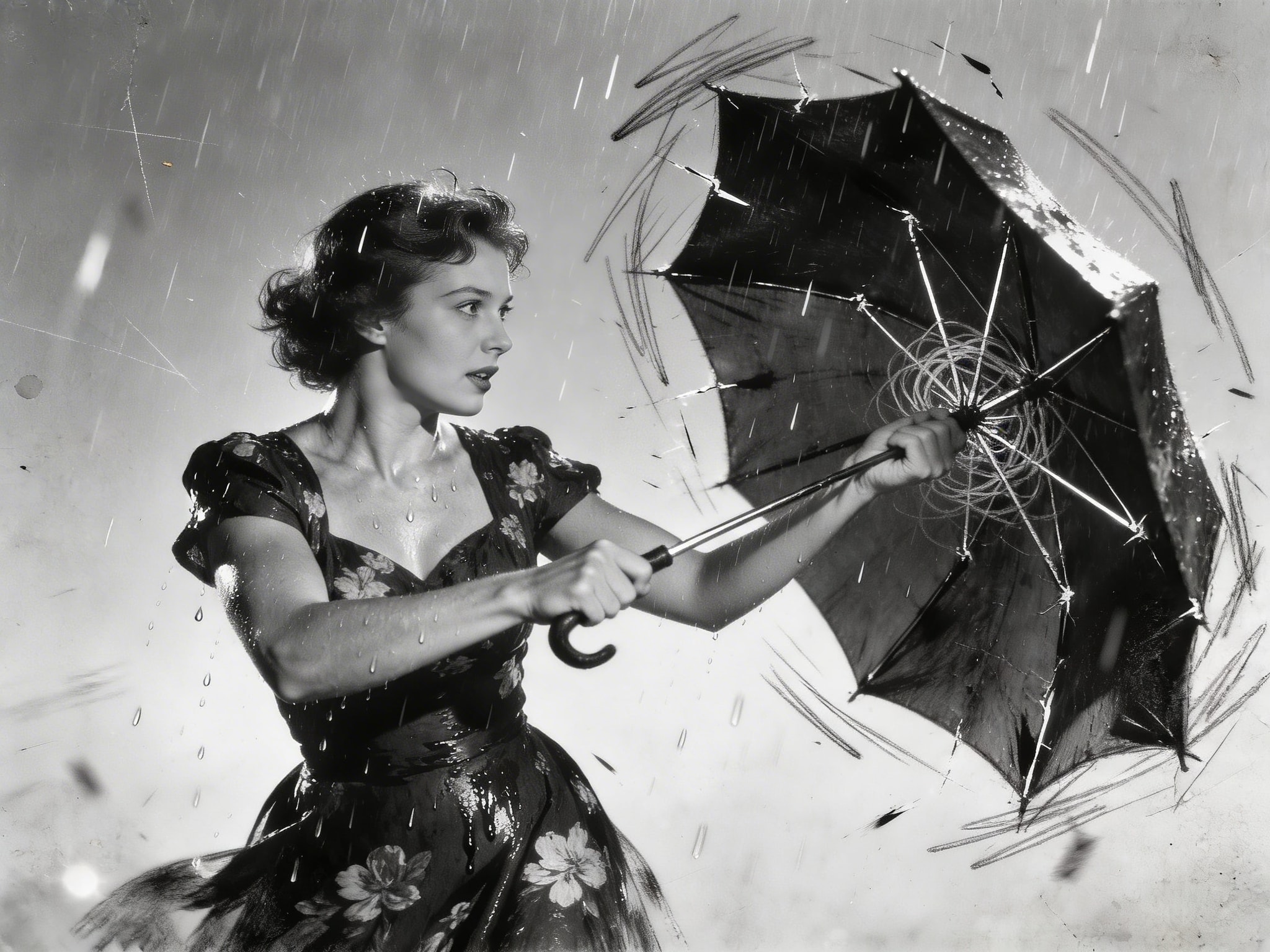 Black and white 1950s photo of a woman in a soaked floral dress, her broken umbrella circled by frantic pencil scribbles during a heavy rainstorm.
