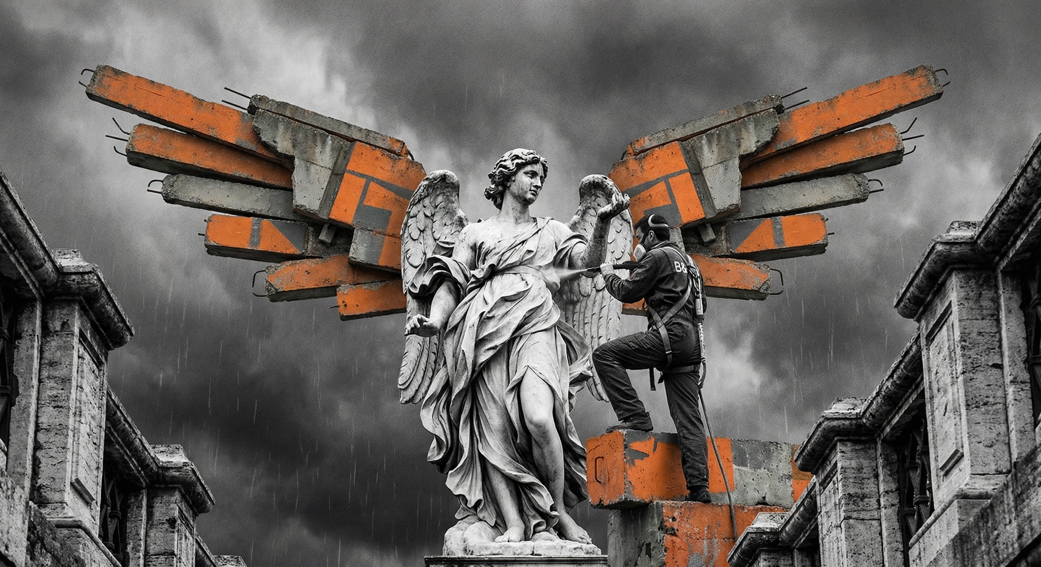 A black and white photo of an angel statue on Ponte Sant'Angelo with its wings replaced by a vibrant orange and grey Brutalist scaffold, where a worker sandblasts the marble.