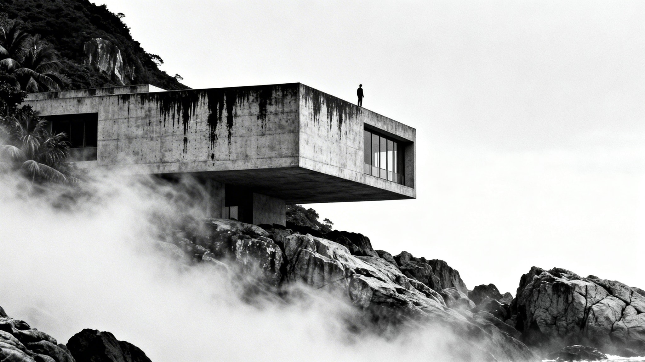 High-contrast 1966 photo of a minimalist brutalist concrete house on a foggy rocky cliff in Chung Hom Kok
