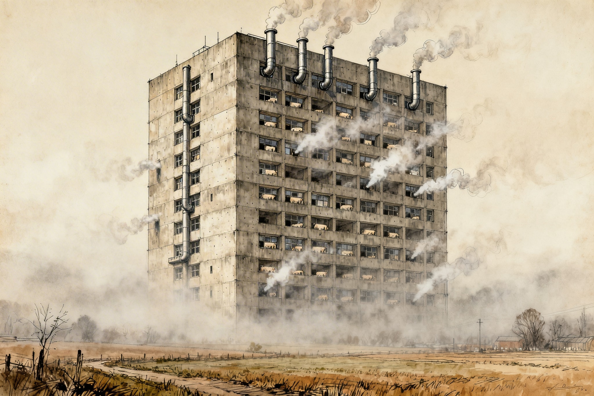 Concept sketch of a 1970s brutalist concrete factory farm skyscraper in a foggy landscape