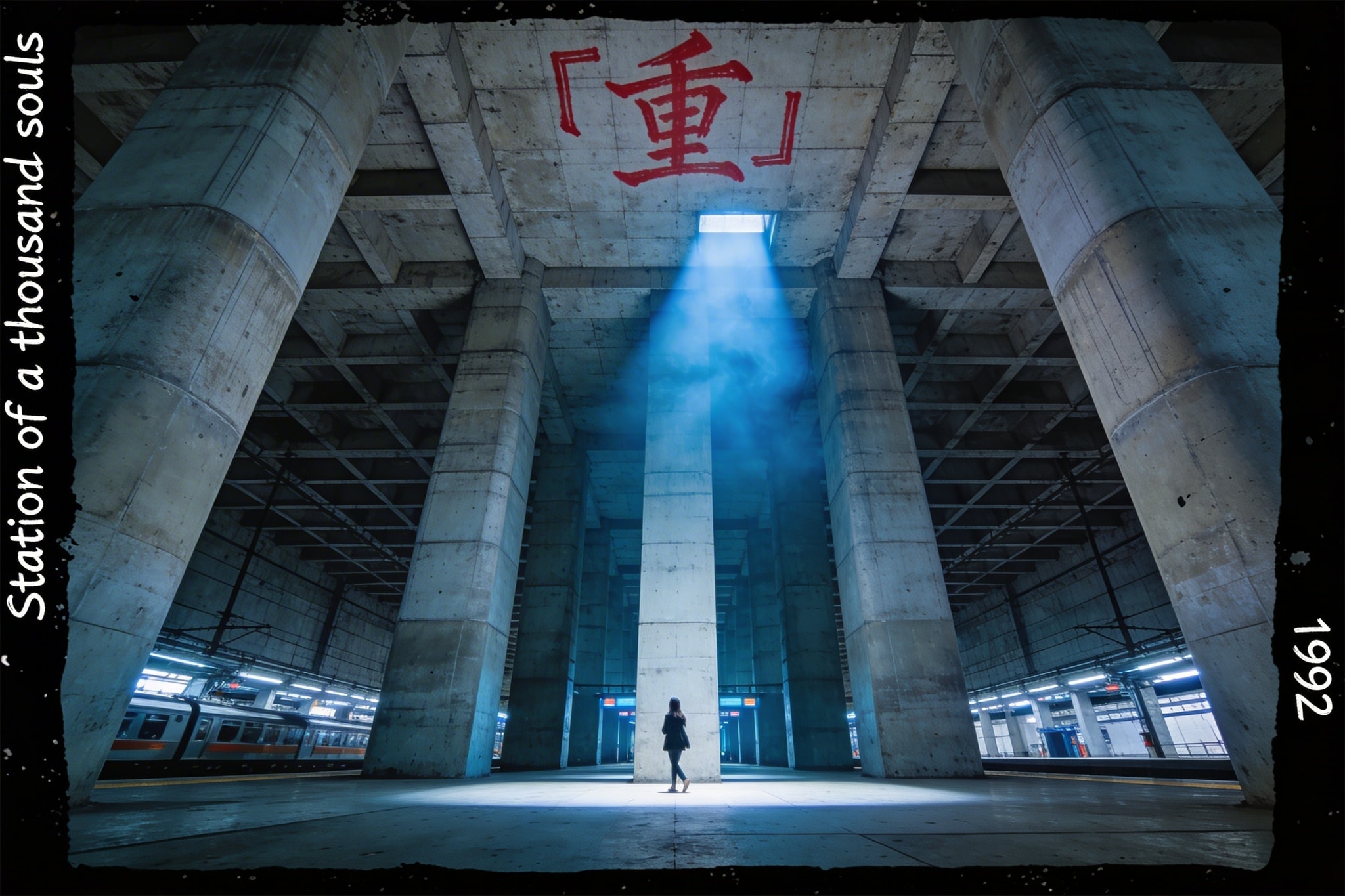 A vertiginous panoramic shot of a massive, unadorned concrete station hall with a lone woman standing near a pillar, lit by a blue-tinted flash.