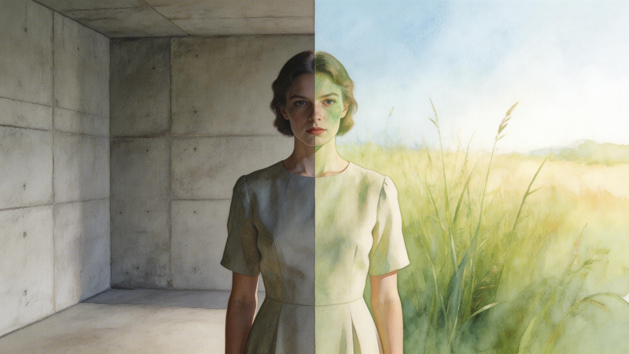 A woman stands in a brutalist room where one wall is a concrete photo and the other a watercolor meadow, with the two styles merging on her face.