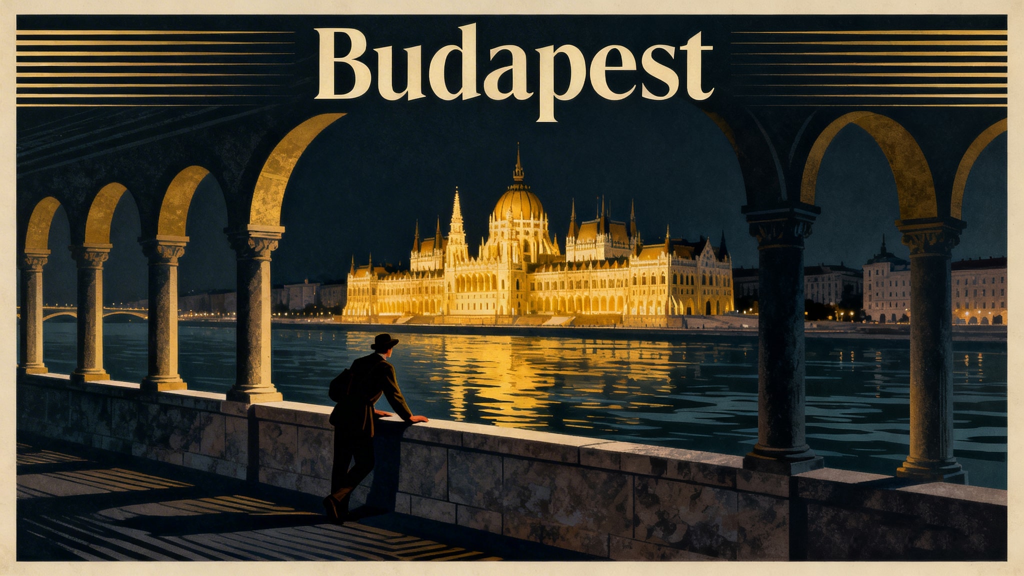 Vintage Budapest travel poster with illuminated parliament building at night.
