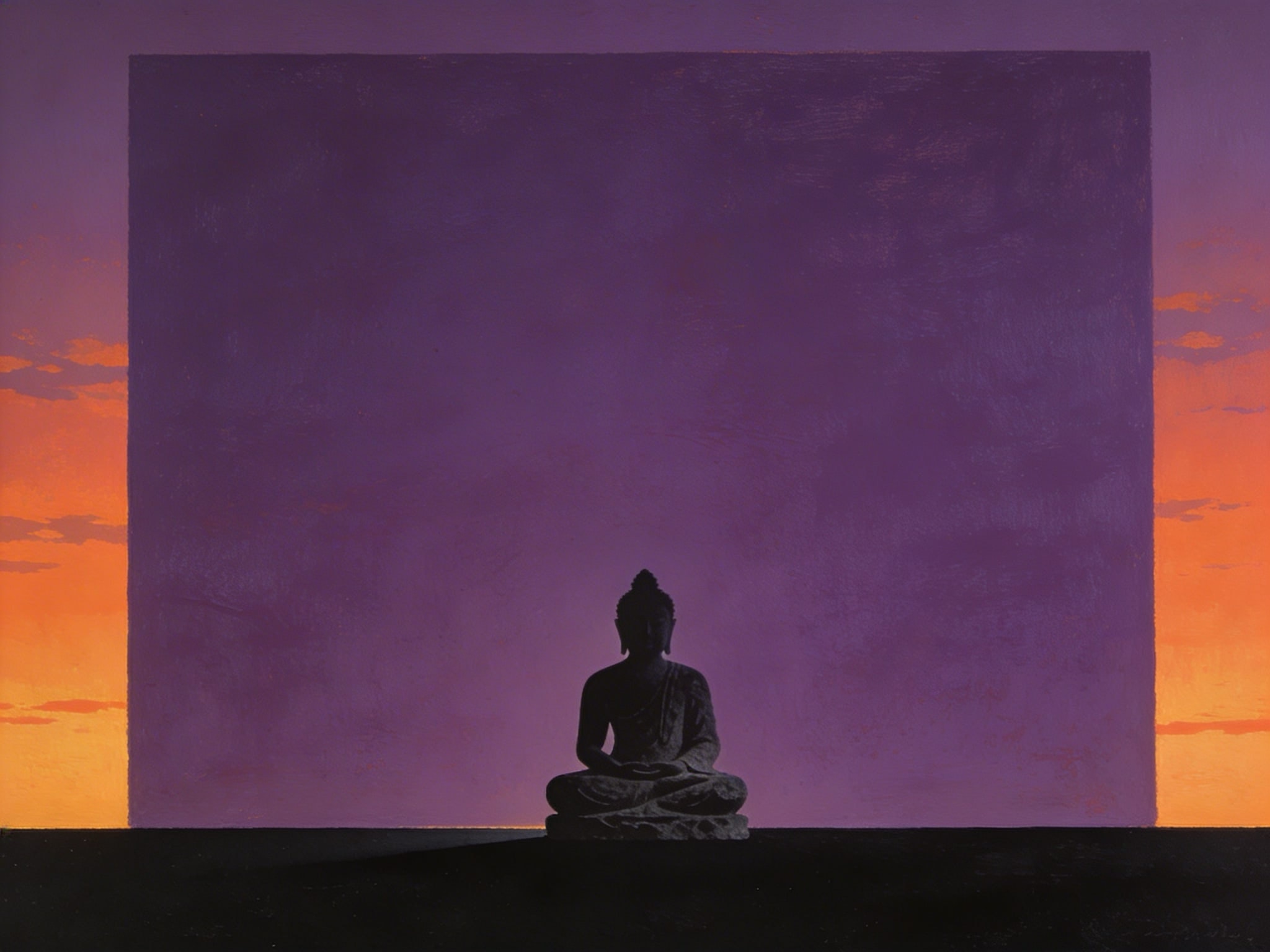 Silhouette of a stone Buddha statue against a minimalist violet and orange sunset sky in a 1950s Americana painting style