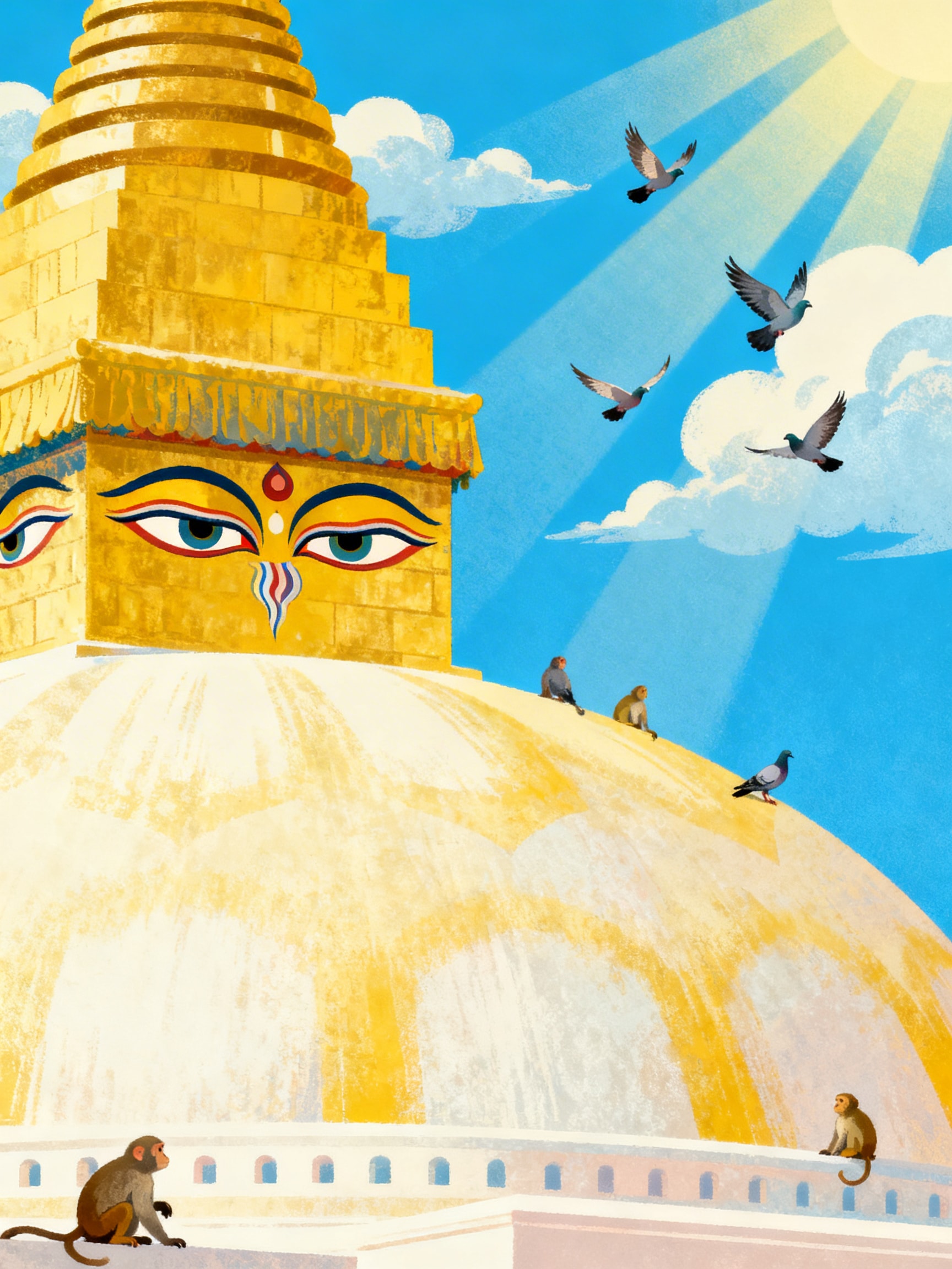 Digital illustration of a golden Buddhist stupa with wisdom eyes, monkeys, and pigeons under a blue sky.