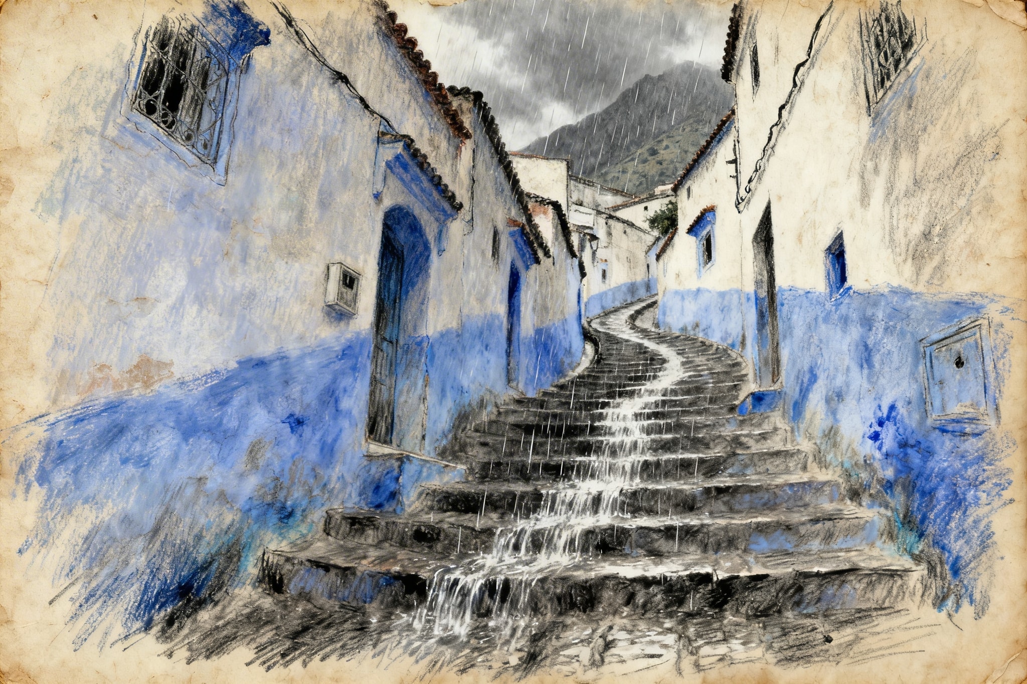 Rough pastel and charcoal drawing of a rainy, winding blue alley in Chefchaouen