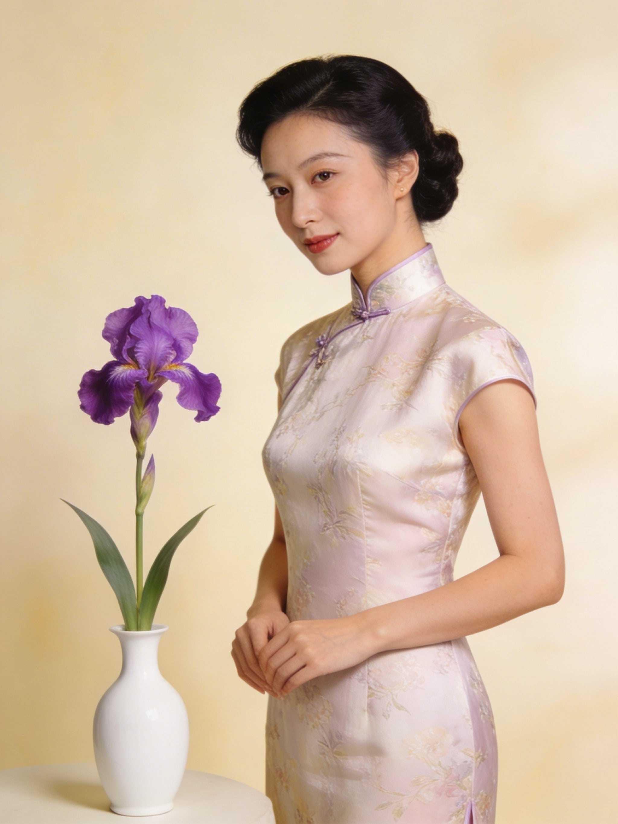 Serene woman in a cheongsam-style summer dress standing by a vibrant purple orchid in a white vase on a warm cream background
