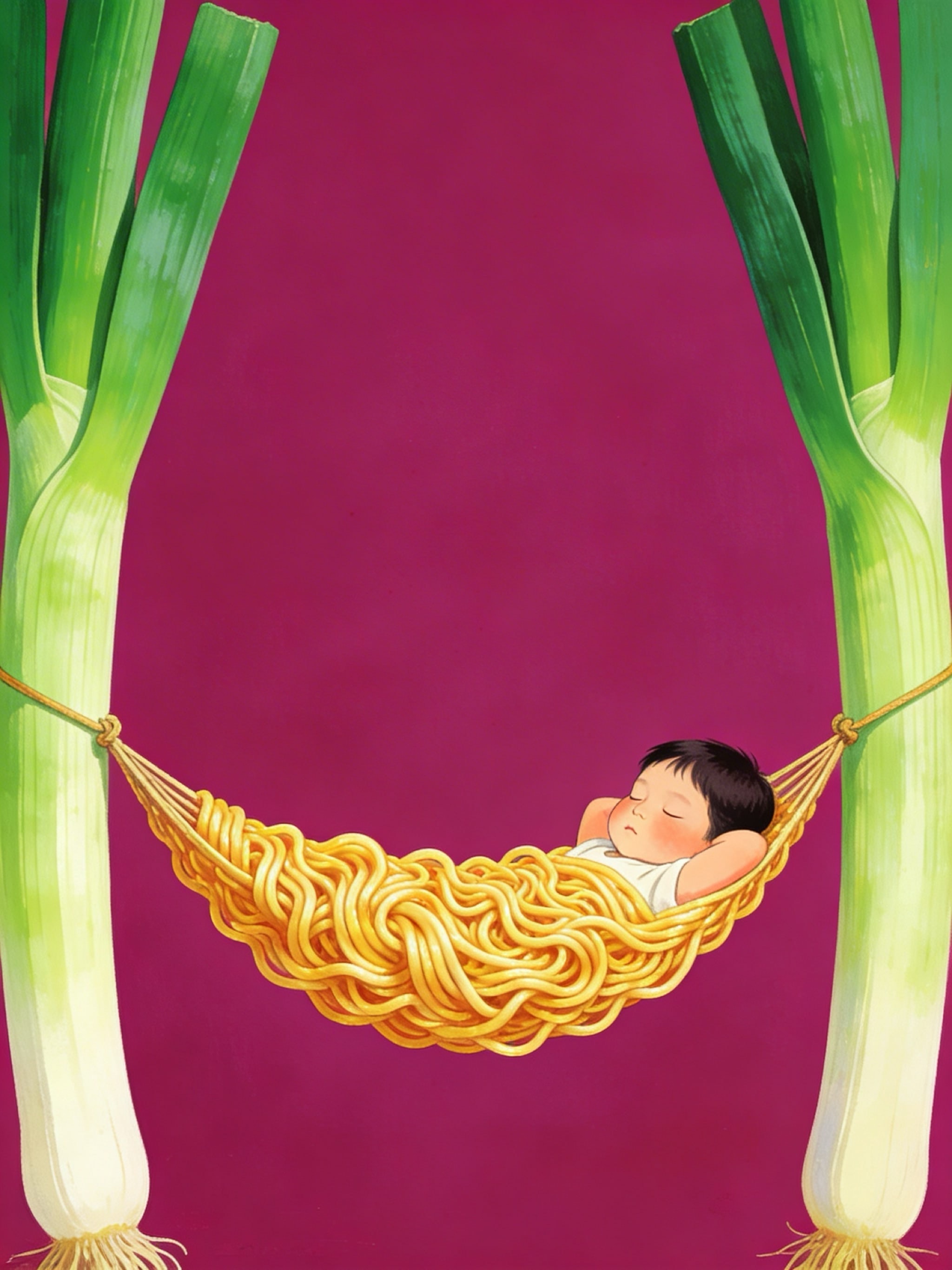 Surreal illustration of a child sleeping in a hammock made of ramen noodles tied between two giant leeks.