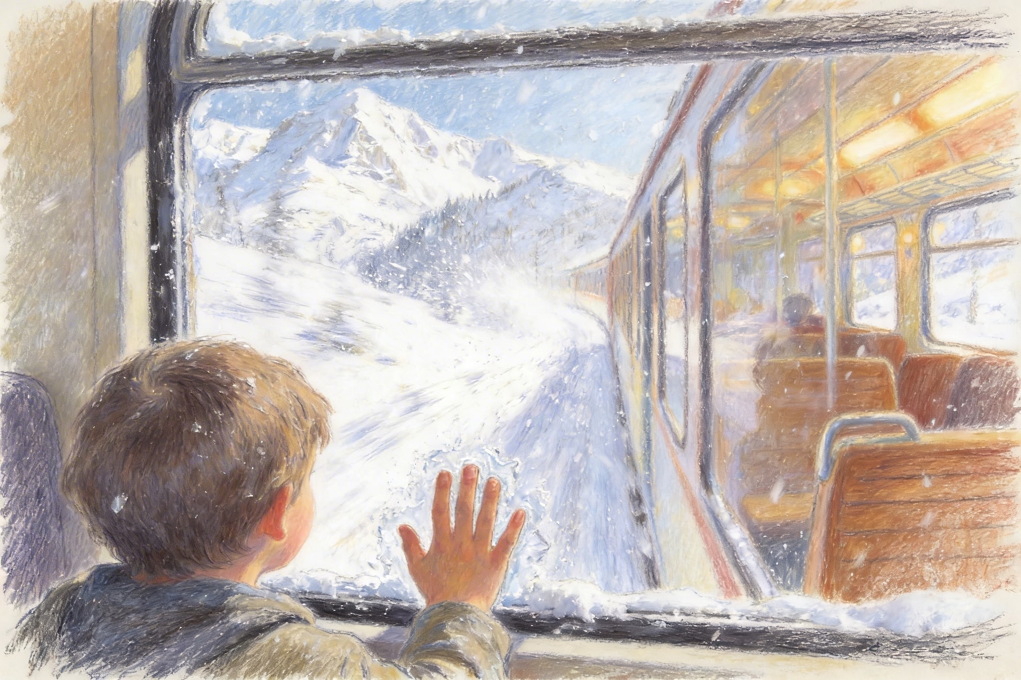 Textured pastel drawing of a child's hand on a train window during a 1970s snowstorm