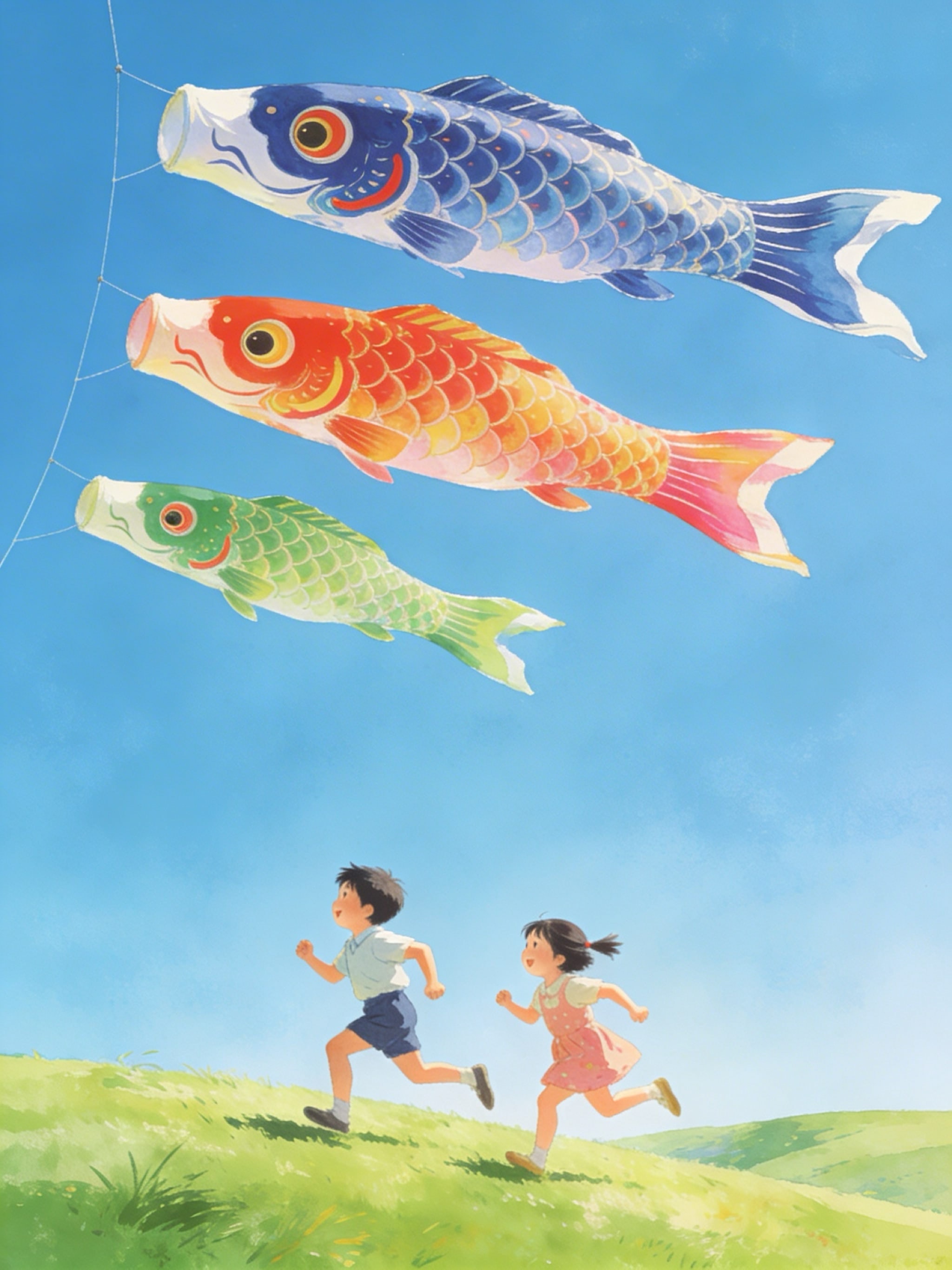 Two joyful Japanese children running in a green meadow under three colorful carp kites in a blue sky