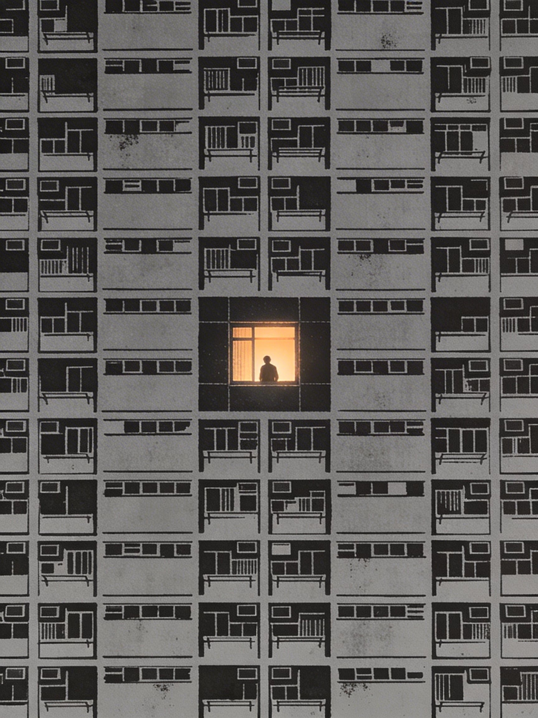 Minimalist brutalist poster of Hong Kong's Choi Hung housing estate as a geometric grid of black windows, with one central hyper-realistic glowing window.