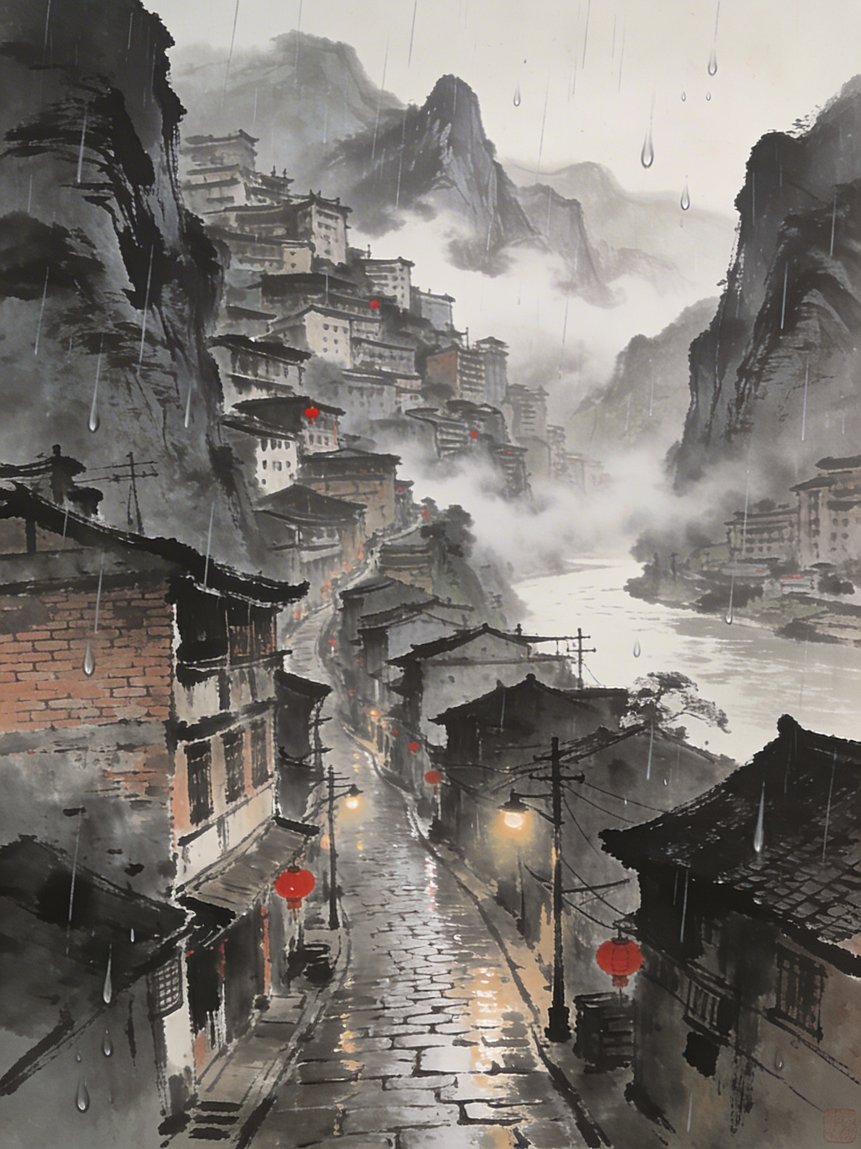 Atmospheric ink wash illustration of Chongqing's stacked cityscape on a mountainside with river mist