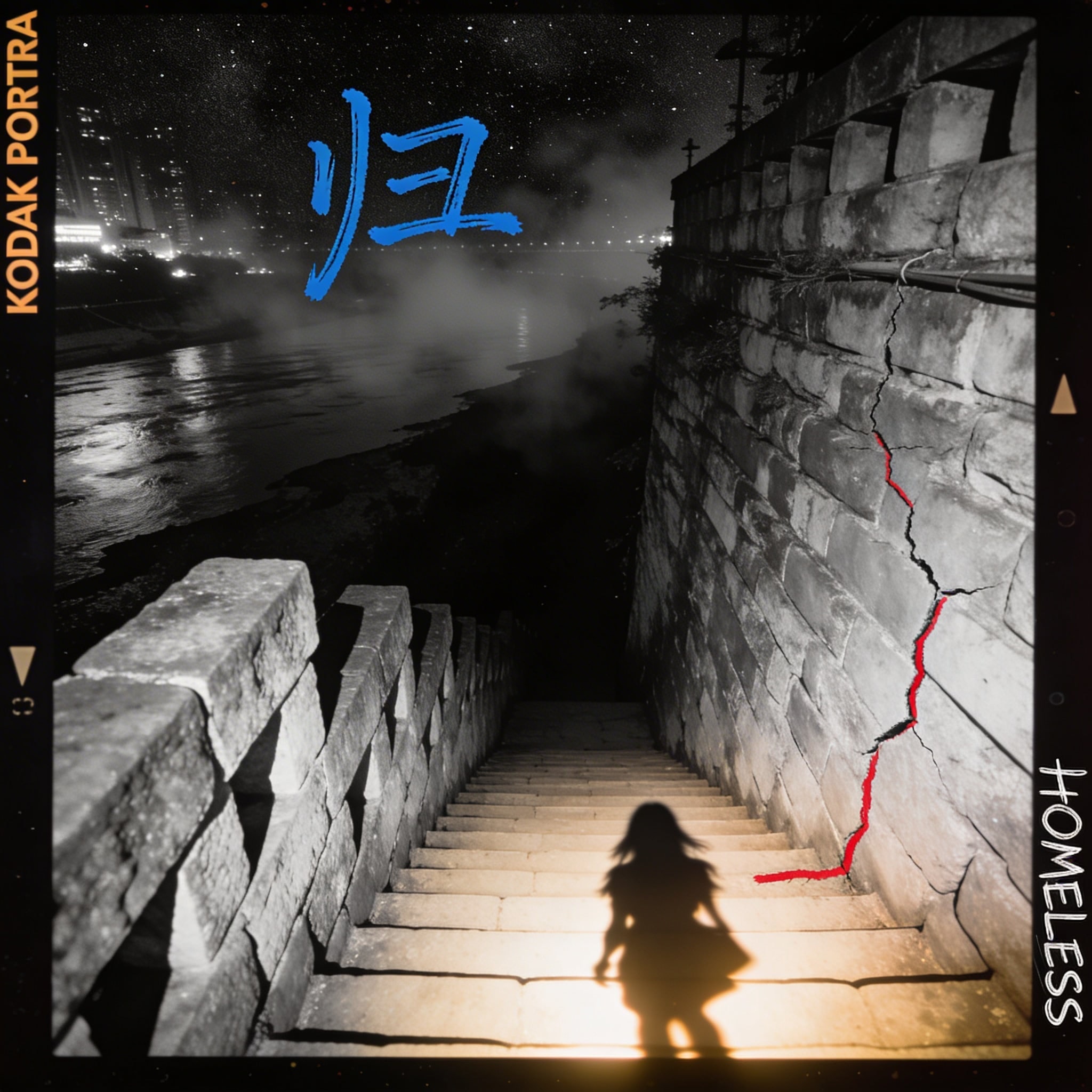 Night photo down steep stone stairs in Chongqing with long shadow and graffiti