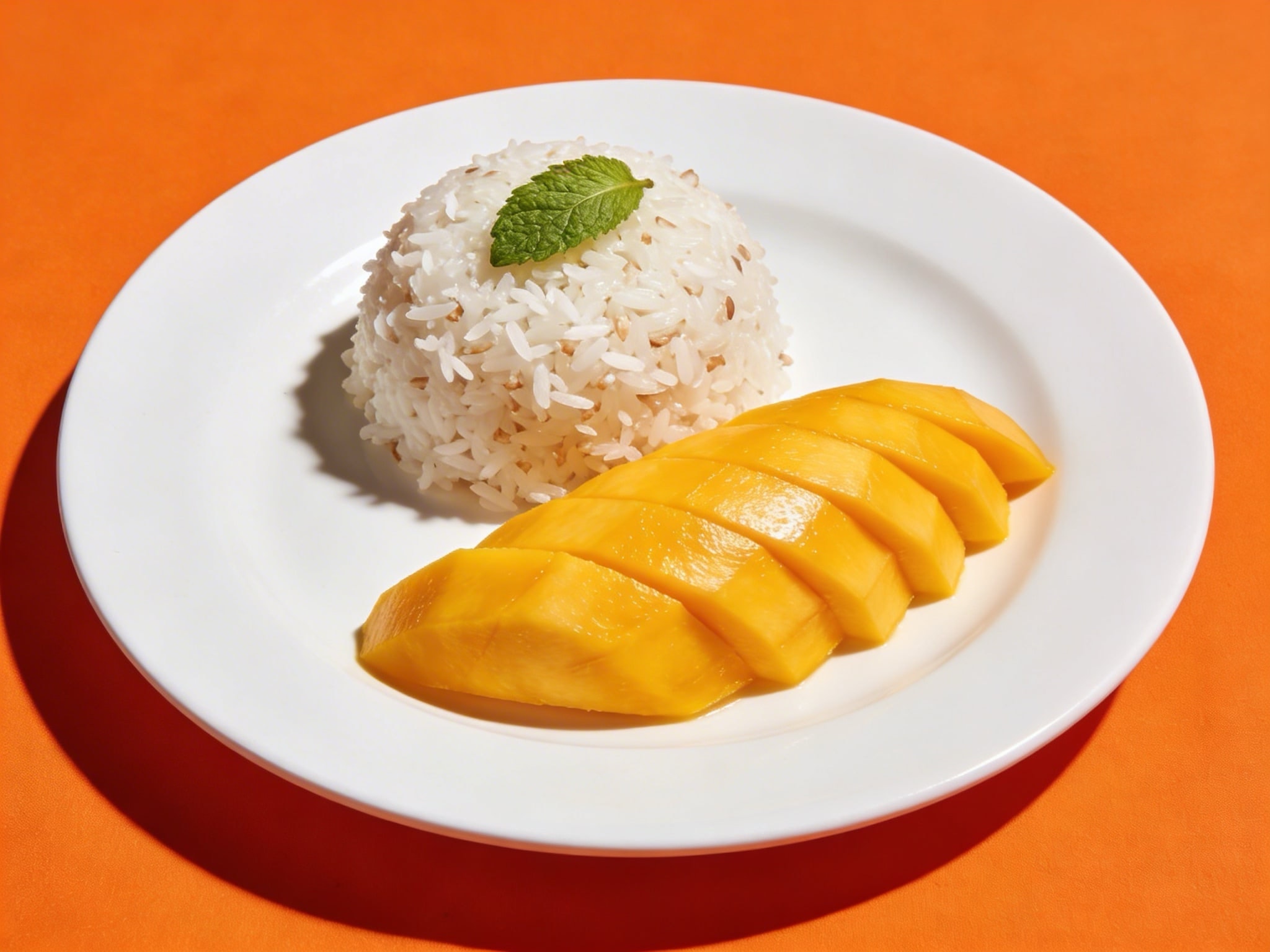 Minimalist tabletop scene with coconut rice, sliced yellow mango, and mint leaf on a white plate against a bright orange background