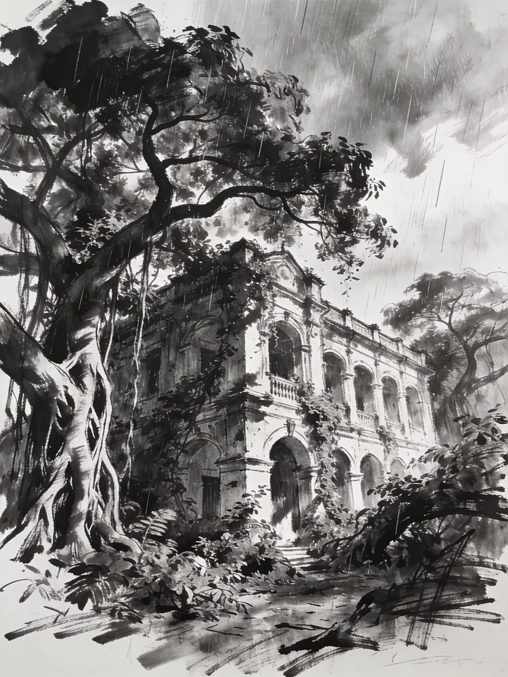 Expressive ink sketch of a colonial-era building surrounded by banyan trees in heavy monsoon rain